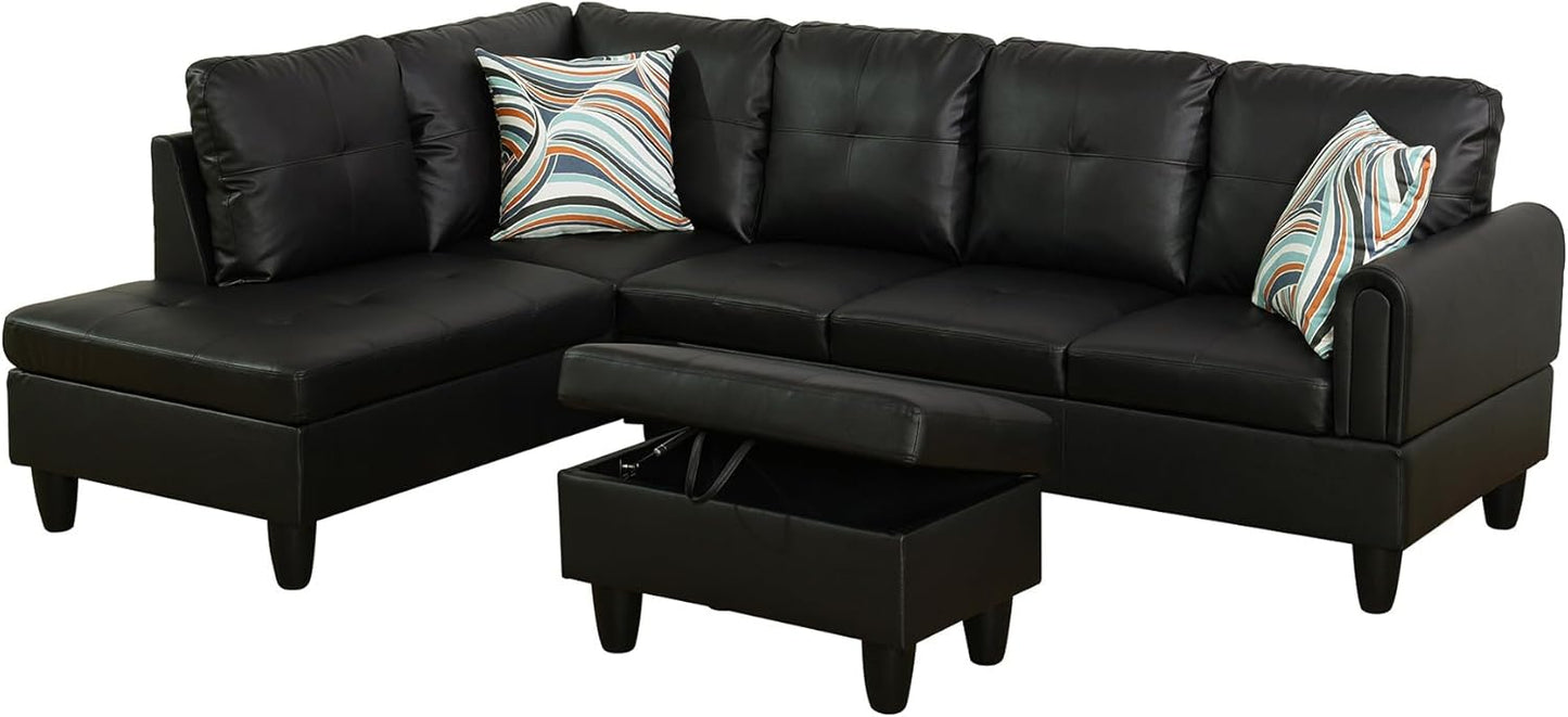 L Shaped Couch Faux Leather Sectional Couch Upholstered 3 Pieces Sofas for Living Room with Chaise, Storage Ottoman for Office and Small Apartment, Classic Black