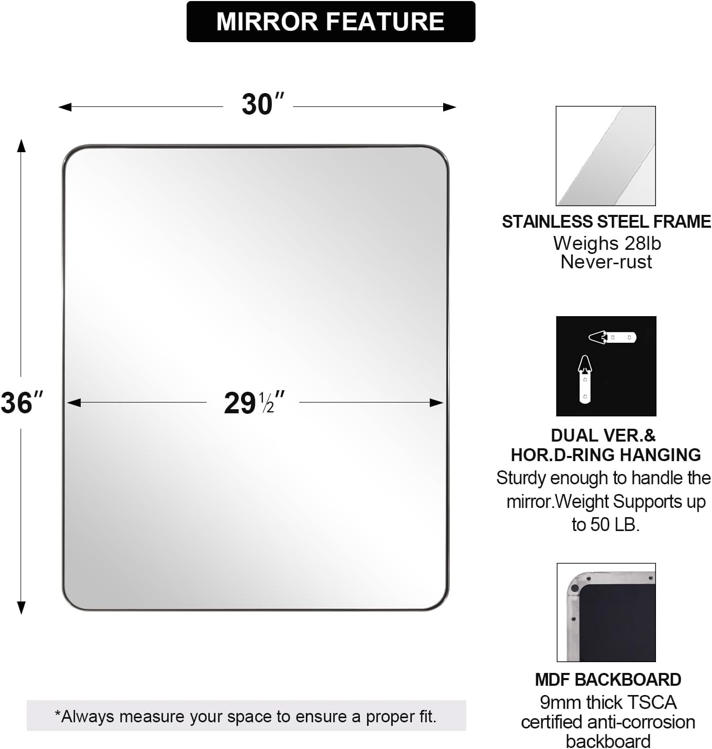 ANDY STAR Chrome Mirror for Bathroom, 30x36 Metal Frame Wall Mirror with Rounded Corner, Modern Rectangle Bathroom Vanity Mirror with Polish Finish…