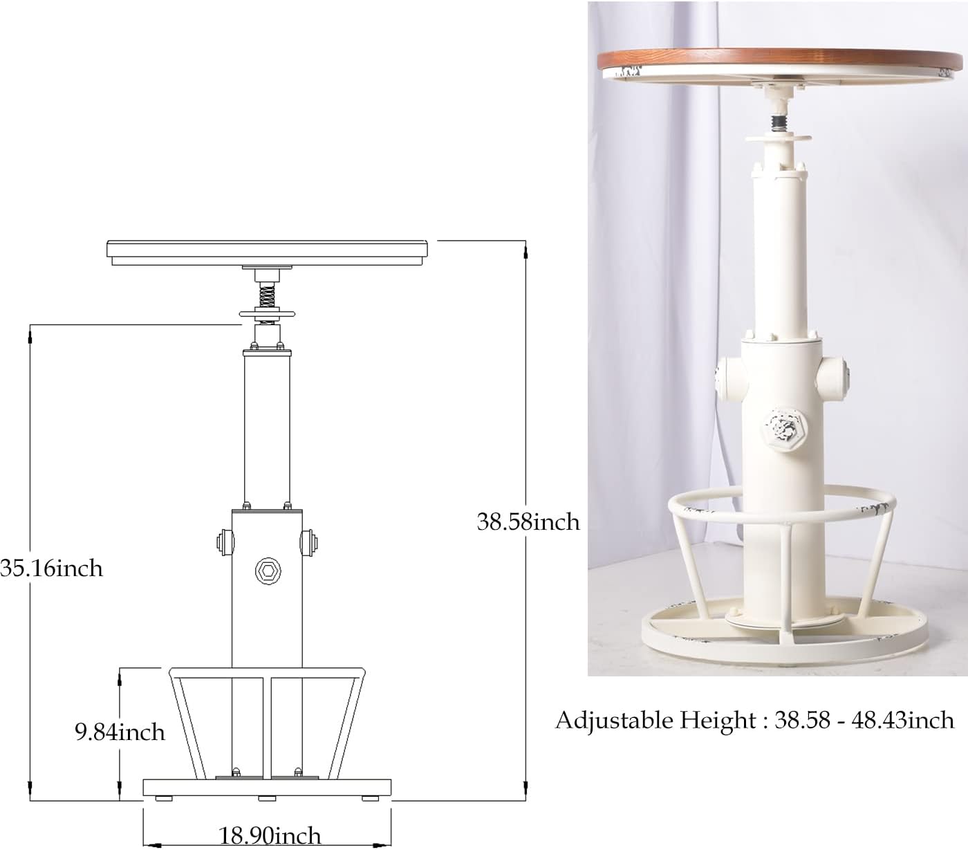 Topower Industrial Bar Table 38.58-48.43" Adjustable Pub Table Kitchen Dining Coffee Bistro Table Antique White