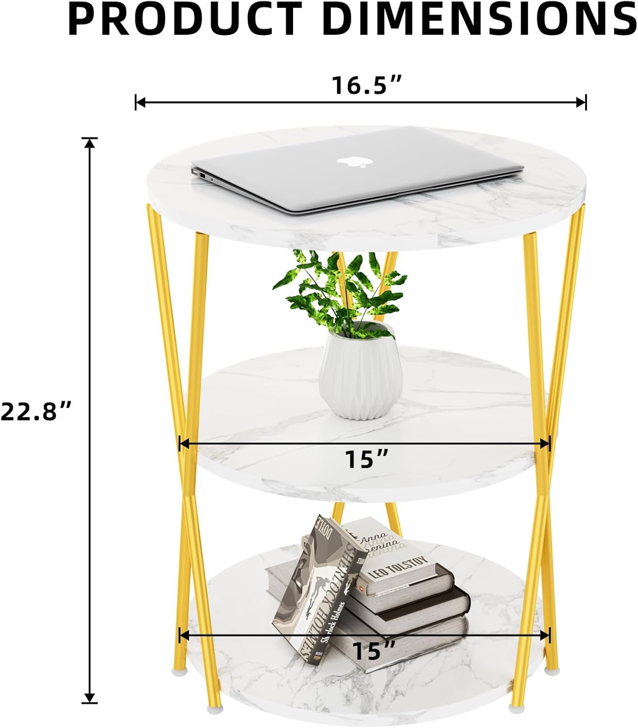 Big Side Table, 3-Tier Large Size Round End Table with X-Leg Design, Nightstand Bedside Table for Living Room, Bedroom, Drink Table Coffee Table for Patio, Indoor Outdoor Use, 16.5''x16.5''x22.8''