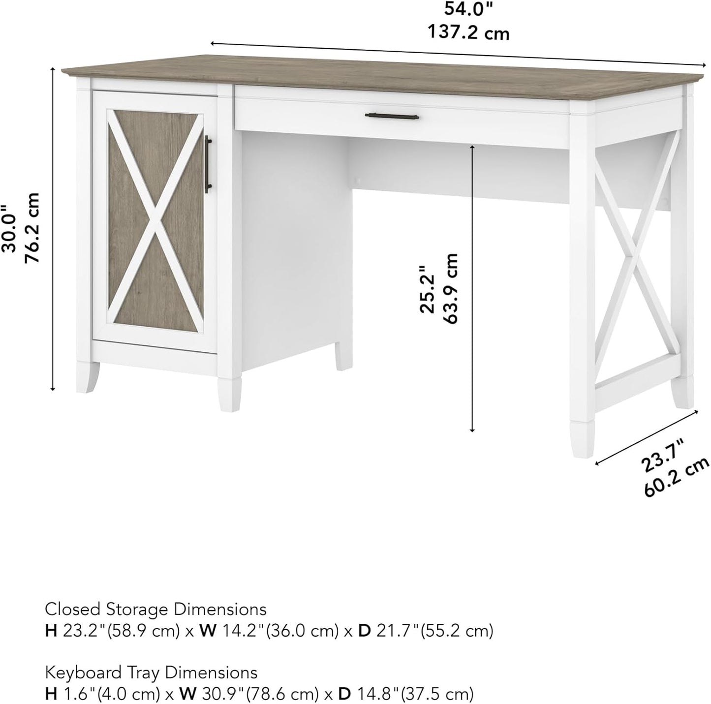 Bush Furniture Key West Computer Desk with Storage | Farmhouse PC Table for Home Office in Pure White and Shiplap Gray | 54W x 24D