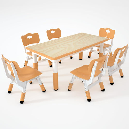 Kids Table and 6 Chairs Set，Height Adjustable Children Table & Chair，Toddlers Study Multi-Activity Table with 47.2"x23.6" Wipe-Clean Desktop，for Classrooms, Homes & Daycares