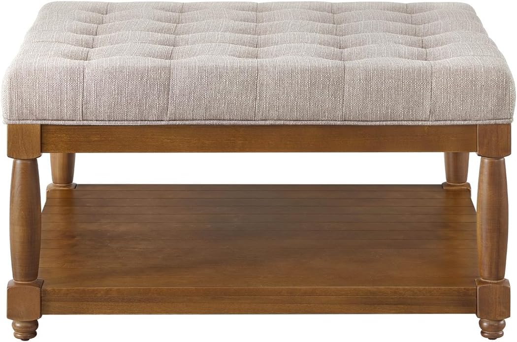 24KF Upholstered Square Coffee Table with Wooden Shelf, Tufted Button Large Square Ottoman with Spindle Wooden Legs, Linen Large Footrest Ottoman Pouf for Living Room, Linen