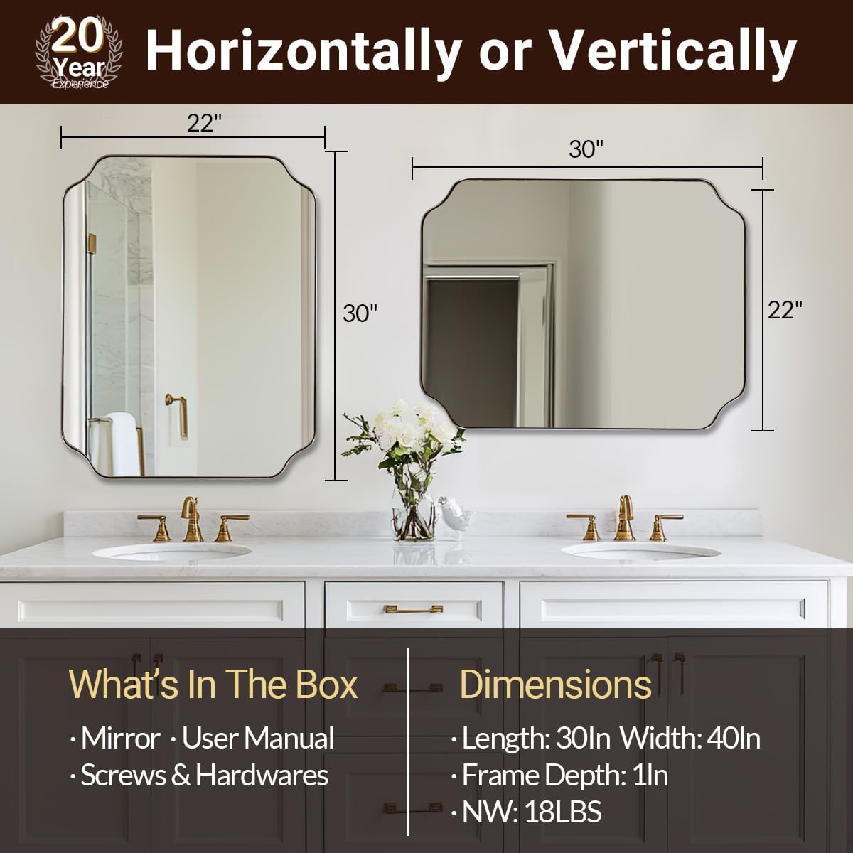 ANDY STAR Scalloped Bathroom Mirror, 22x30’’ Brushed Nickel Rectangle Mirror, Silver Bathroom Vanity Mirror, Modern Scalloped Edge Design in Rust-Proof Stainless Steel 1” Frame