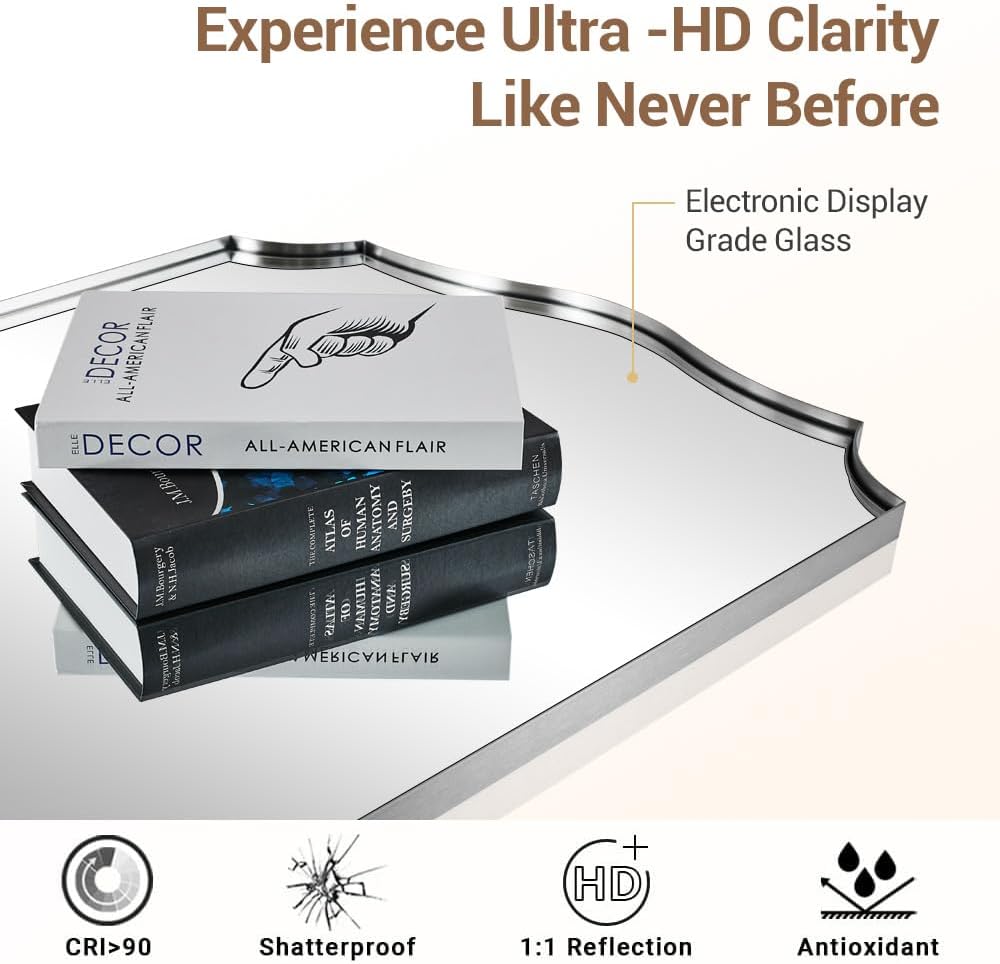 ANDY STAR Brushed Nickel Bathroom Mirror, 28x36 Inch Asymmetrical Wall Mirror, Modern Rectangle Mirror with Unique Wavy Design Ideal for Home Decor, Premium Stainless Steel Metal