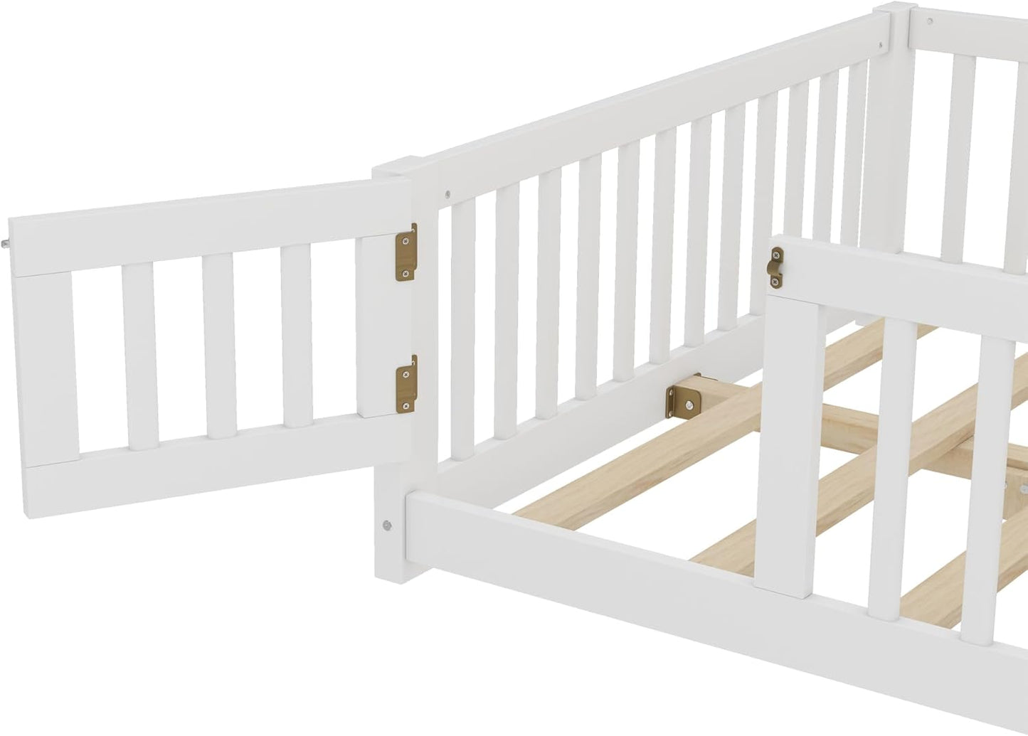 Bellemave Full Floor Bed with Slats and Safety Guardrails, Kids Montessori Floor Beds with Fence and Door, Easy Assemble Floor Bed for Kids, Girls, Boys, White