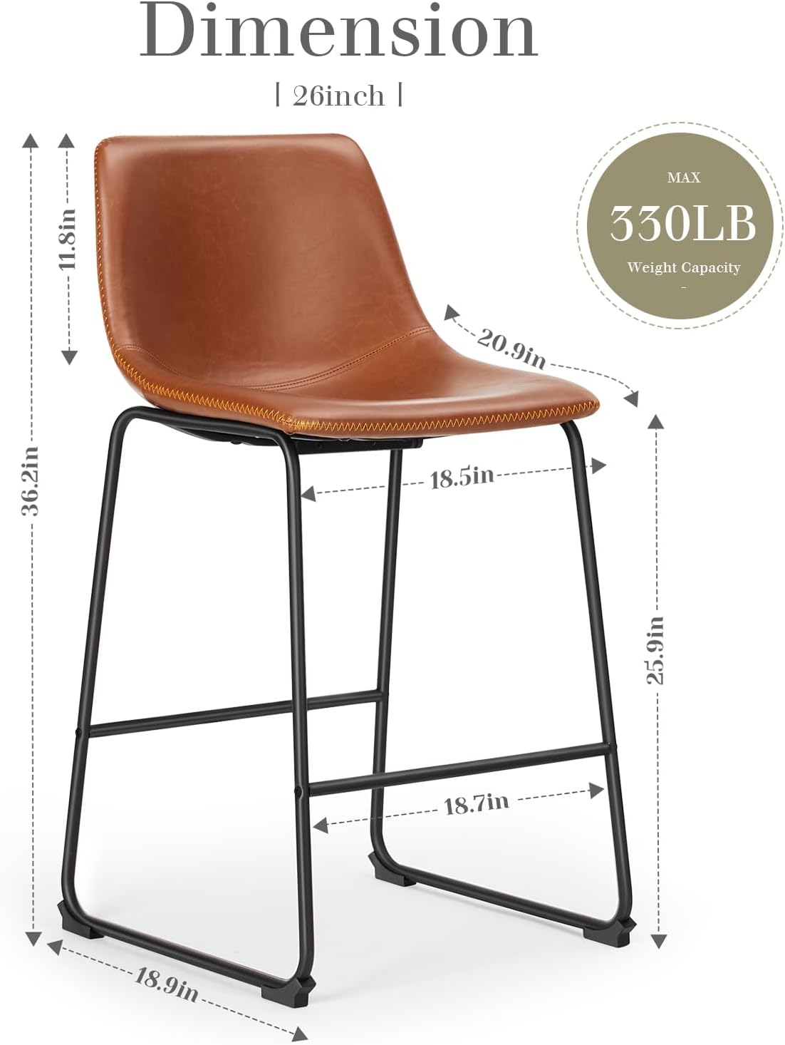 DUMOS 26 Inch Counter Height Bar Stools Set of 4, Modern Faux Leather High Barstools with Back and Metal Leg, Bar Chairs for Kitchen lsland, Brown