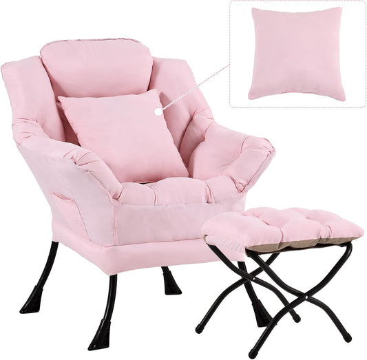 Lazy Chair with Ottoman, Comfy Reading Lounge Chair with Footstool & Throw Pillow Modern with Armrests & Side Pocket for Living Room, Bedroom, Dorm Room, Pink