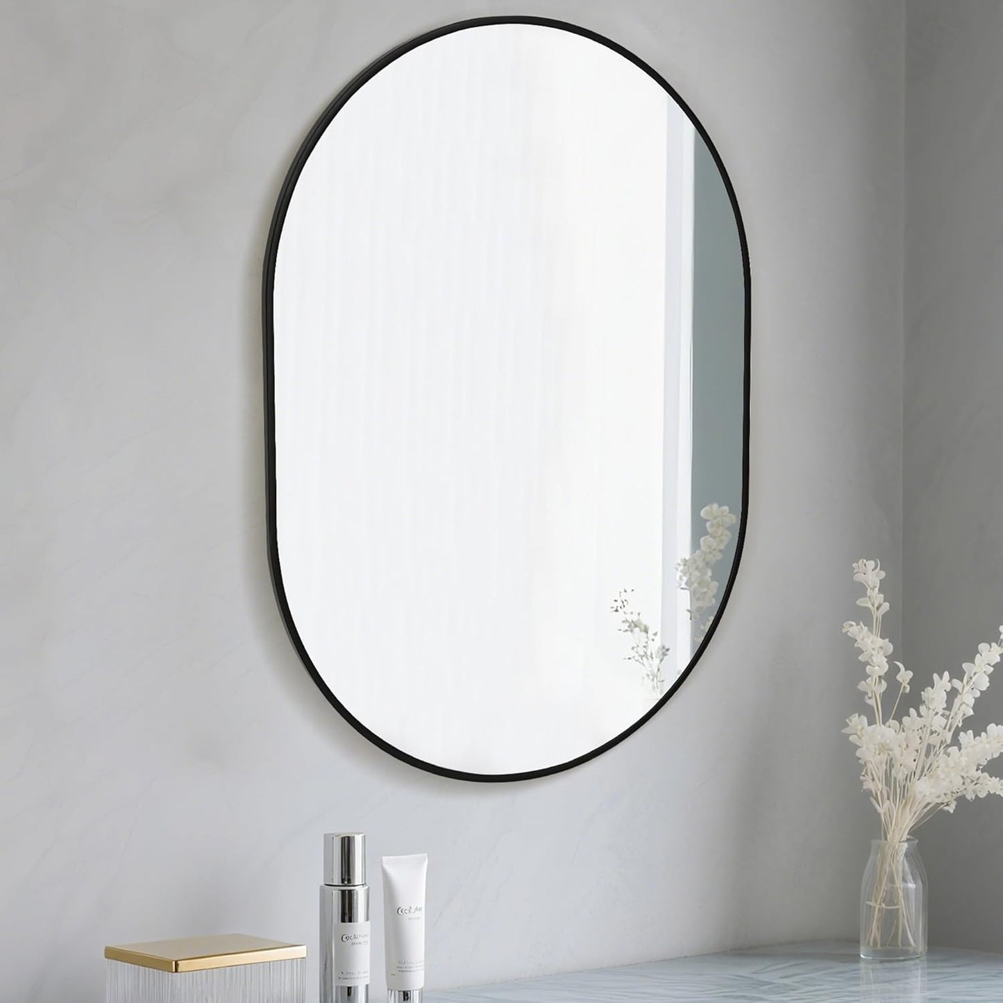 Oval Bathroom Mirror 22x30 Inch, Pill Shape Black Framed Wood Wall Mirrors with Tempered Glass for Modern Bedroom,Entryway or Living Room(Hanging Vertical or Horizontal)