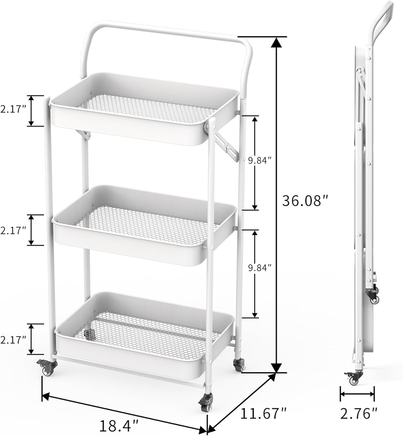 JAQ Foldable Rolling Cart, 3-Tier Metal Small Folding Storage Utility Carts Basket Rack Organizer with Handle on Wheels for Snacks Books Fruits for Kitchen Laundry Room Bathroom - (White, 3-Layer)