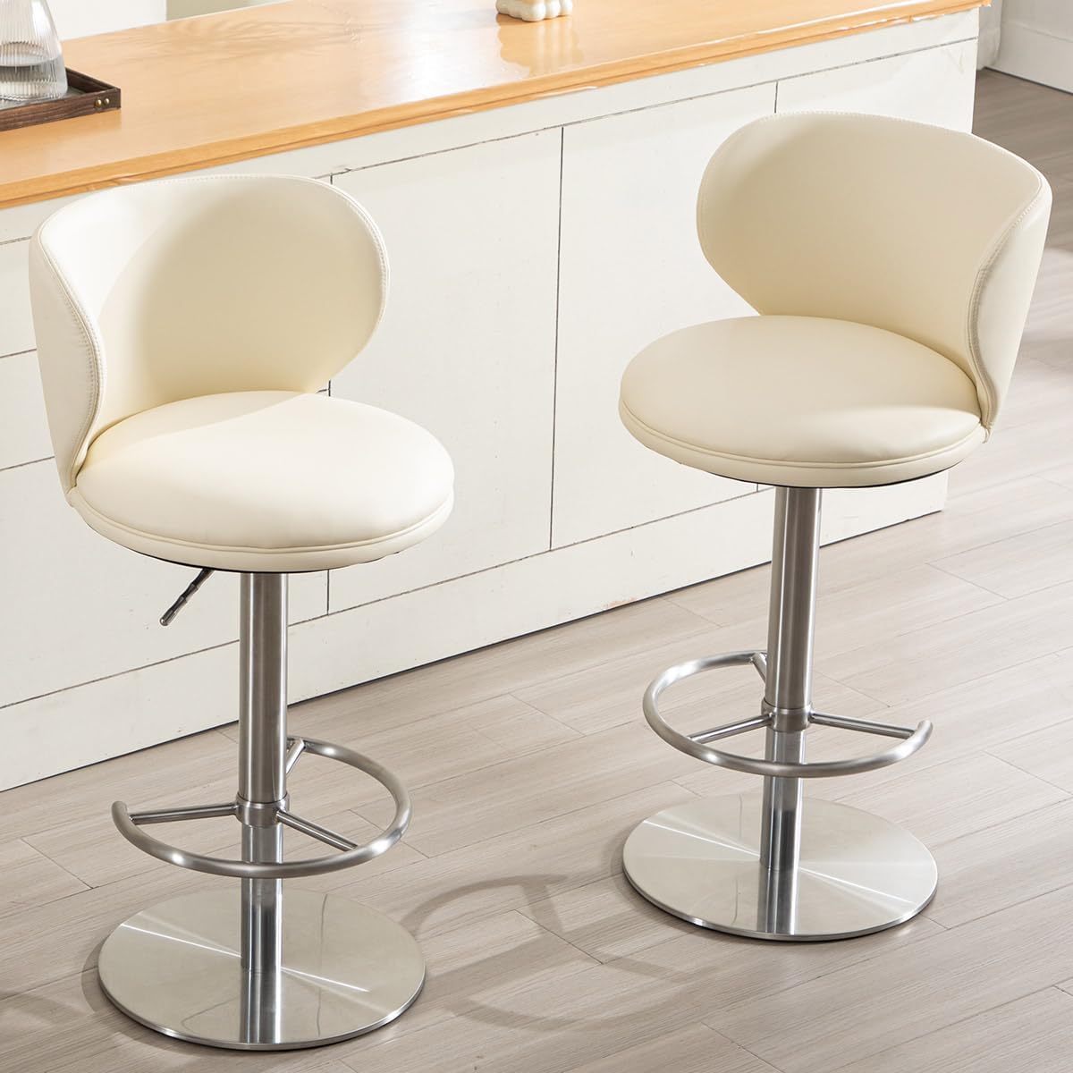 Black Titanium Stainless Steel Bar Stools,Grade Modern Leather Bar Chair with Backrest,Swivel Adjustable Height for Kitchen Counter and Dining Room (White Leather-2pcs)