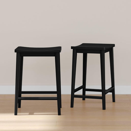 Plank+Beam Smythe Counter Stool, 24", Set of 2, Sturdy Wood Modern Kitchen Counter Height Stool, Saddle Seat Backless Counter Chair, Metal Footrest, Black