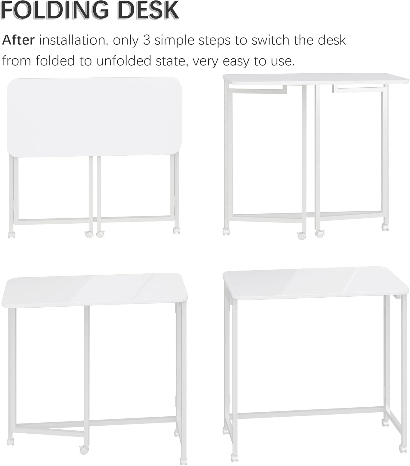 4NM 27.5" Mobile Small Rolling Computer Desk, Folding Laptop Cart Table with Wheels, Portable Office Desk for Small Space Couch Bed - All White