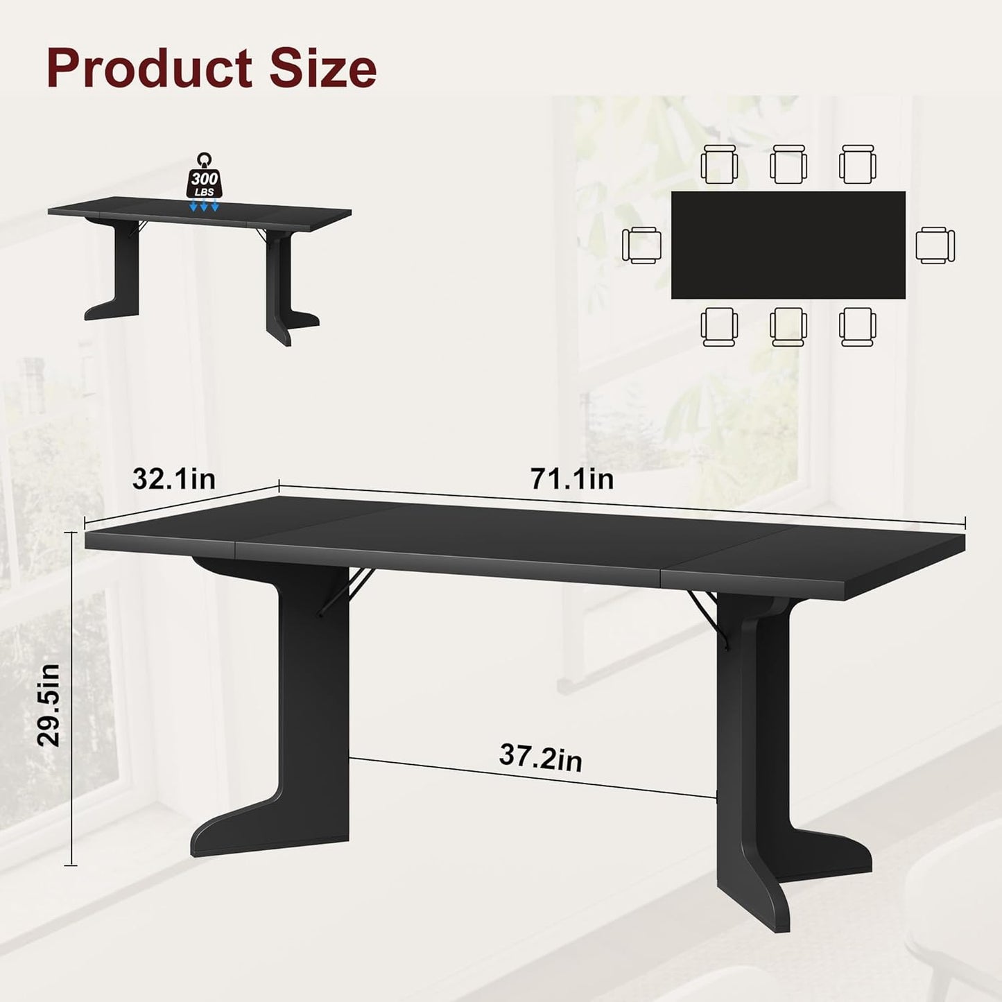 71" Dining Table for 6 to 8 People, Modern Dinner Table with Unique Wooden Legs, Rectangle Dining Table for Kitchen, Dining Room & Living Room, Black