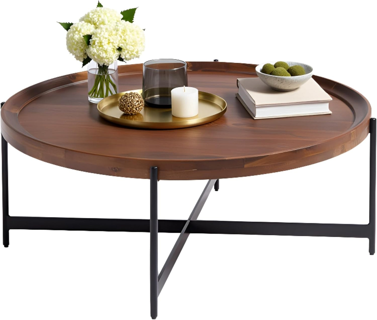 Brookline Solid Acacia Wood 42-Inch Round Coffee Table with Black Powder-Coated Metal Legs – Rustic Industrial Modern Farmhouse Living Room Furniture by Alaterre