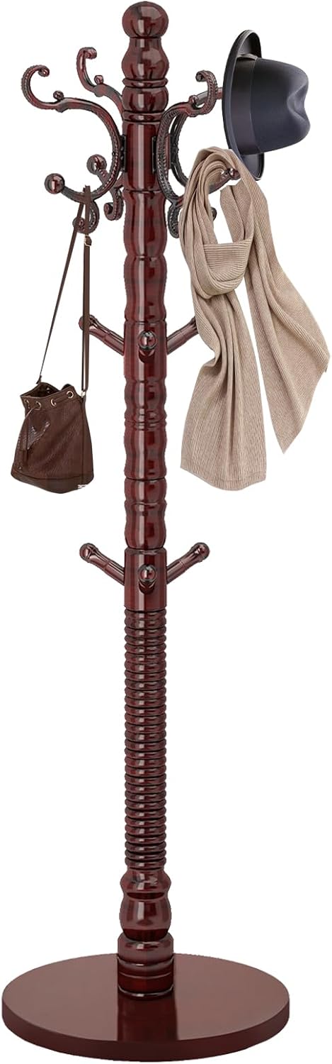 Wood Coat Rack Stand, Vintage Wooden Coat Rack Freestanding with Sturdy Round Base,Classic Coat Racks with 14 Hooks, Natural Birch Wood Standing Coat for Entryway (Vintage Round chassis)