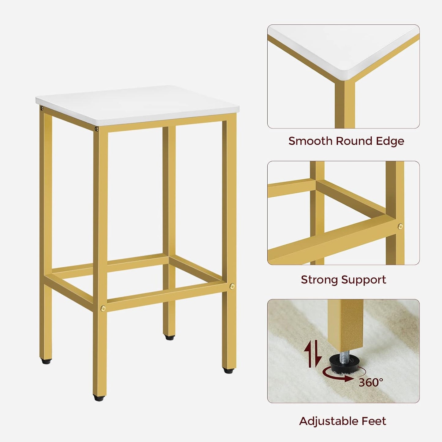 Bar Stools, Set of 2 Bar Chairs, Kitchen Breakfast Bar Stools with Footrest, 25.8-Inch Height, Rectangular Industrial Stools, for Dining Room, Easy Assembly, White and Gold BAJW0101