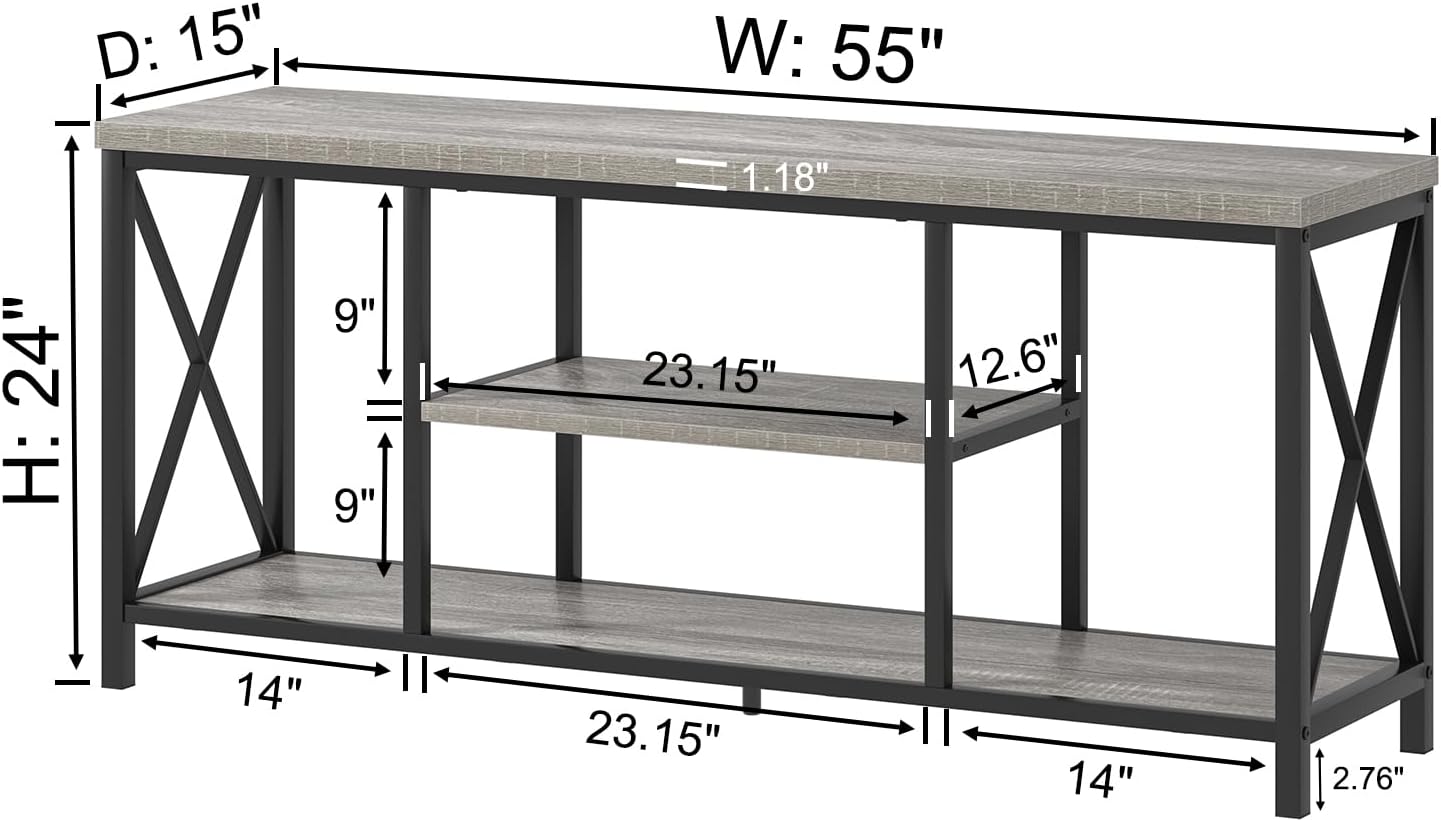 FOLUBAN Modern TV Stand for TV up to 65 Inch, Rustic Wood Entertainment Center with Storage Shelves, Industrial Media TV Console for Living Room, Farmhouse TV Table for Bedroom, 55 Inch Light Grey