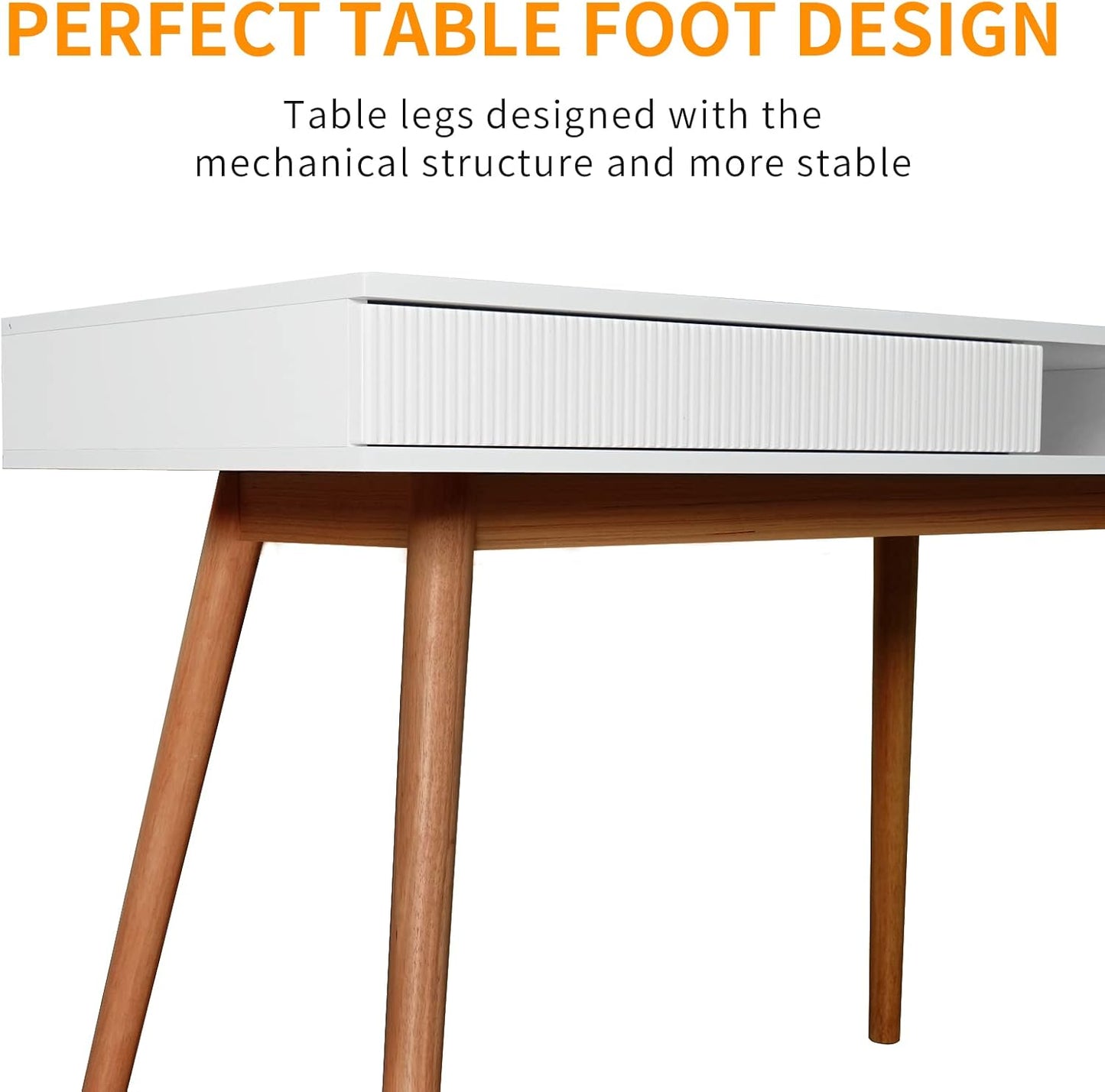 Artswish White Writing Desk with Drawers Mid Century Modern Desk, Wood Office Computer Desks for Small Space, White Desks with Walnut Legs