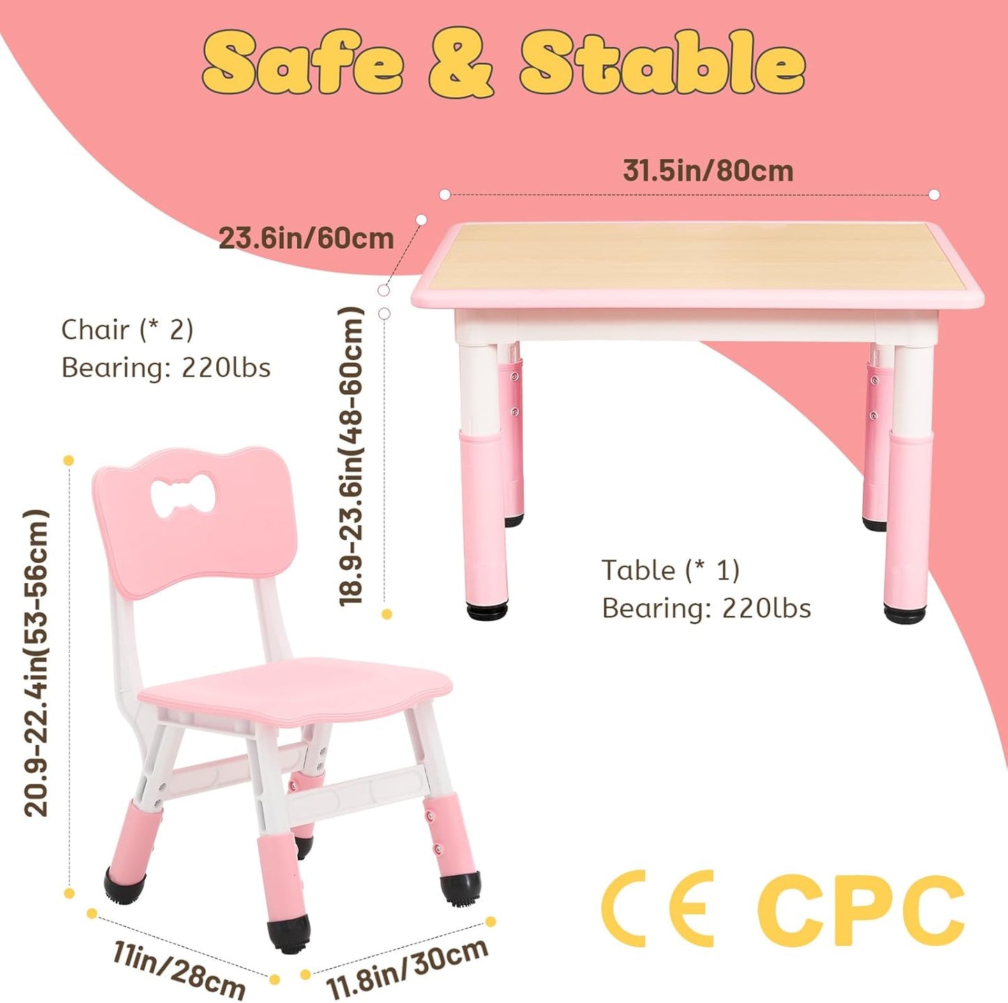 FUNLIO Kids Table and 2 Chairs Set for Ages 3-8, Height Adjustable Toddler Table and Chair Set, Easy to Wipe Arts & Crafts Table, for Classrooms/Daycares/Homes, CPC & CE Approved (3pcs Set) - Pink