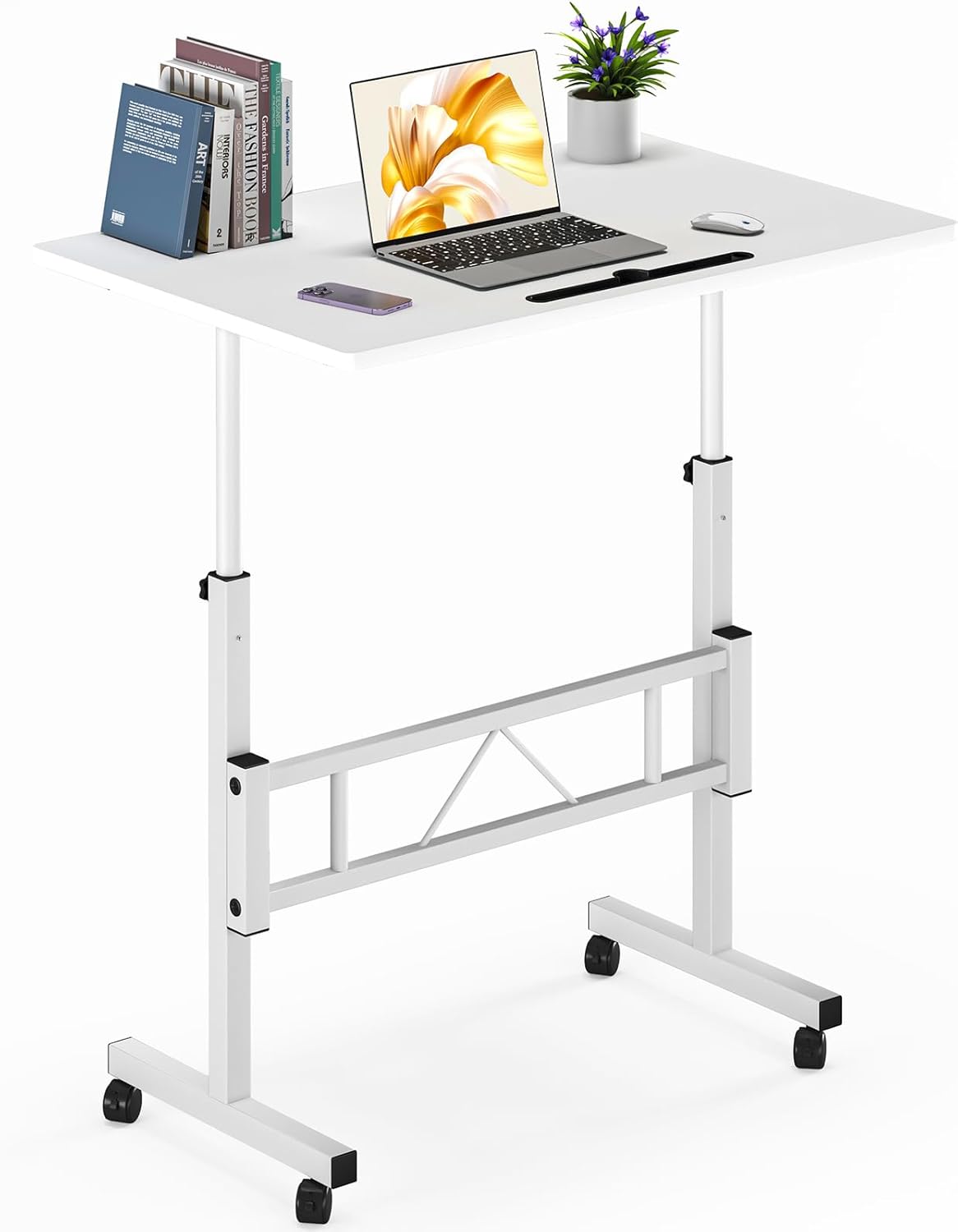 Small Standing Desk Adjustable Height, Portable Treadmill Desk, Mobile Table Ideal for Laptops and Tablets,White
