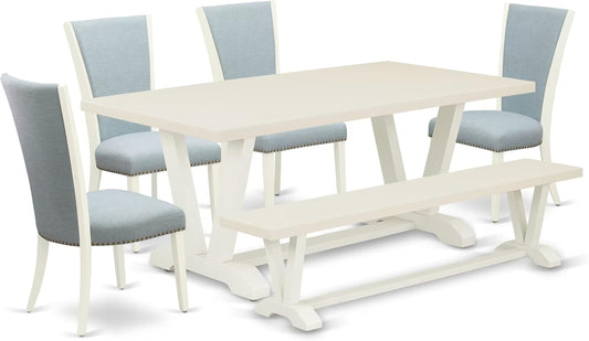 East West Furniture V027VE215-6 6 Piece Dining Set Contains a Rectangle Dining Room Table with V-Legs and 4 Baby Blue Linen Fabric Upholstered Chairs with a Bench, 40x72 Inch, Multi-Color