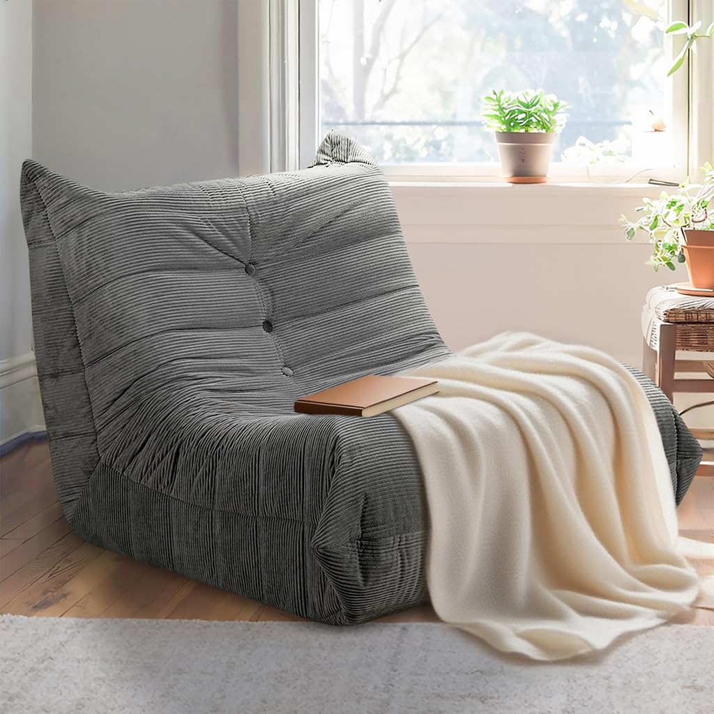 Bean Bag Chairs for Adults, Memory Foam Couch Sofa Chair,One-Piece Foam Padding,Cozy Corduroy Material Bean Bag Chair,Bean Bag Sofa for Reading in Bedroom Living Room and Dorms，Gray