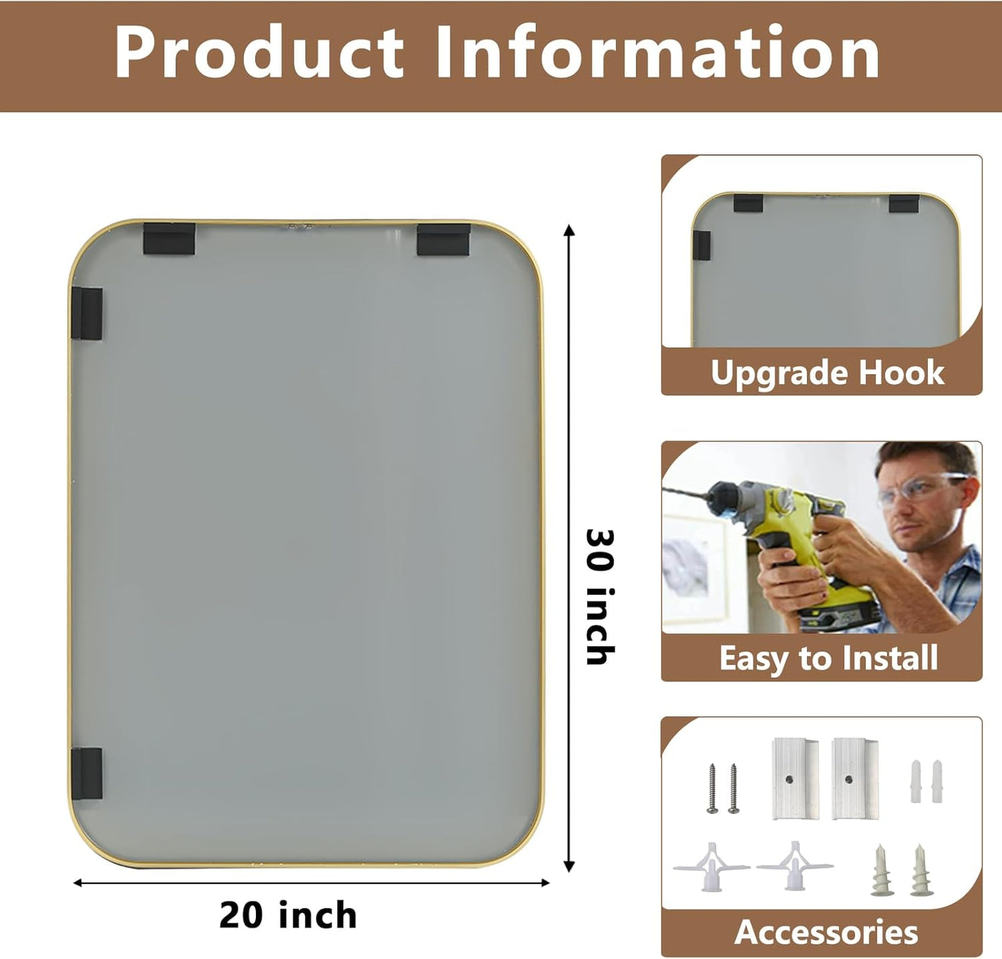 Brushed Gold Mirror, 20"x30" Rectangle Bathroom Mirror, Metal Frame Rectangle Corner Vanity Mirror, Wall Mounted Mirror for Modern, Living Room, Bedroom, Horizontal Or Vertical