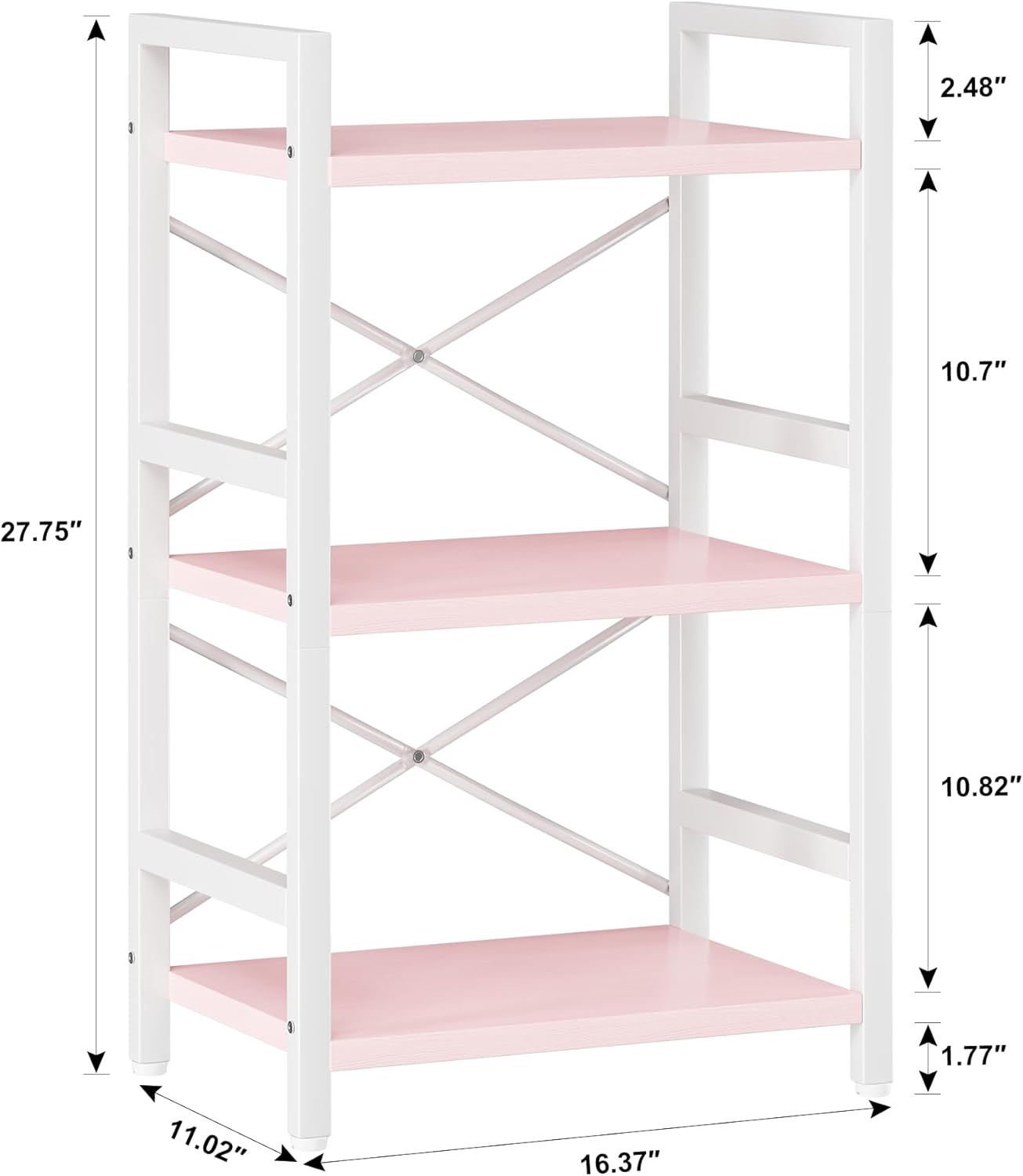 Homeiju Pink Bookshelf, 3 Tier Industrial Bookcase, Metal Small Bookcase, Rustic Etagere Book Shelf Storage Organizer for Living Room, Bedroom, and Home Office(Pink) Patent Pending D29873033