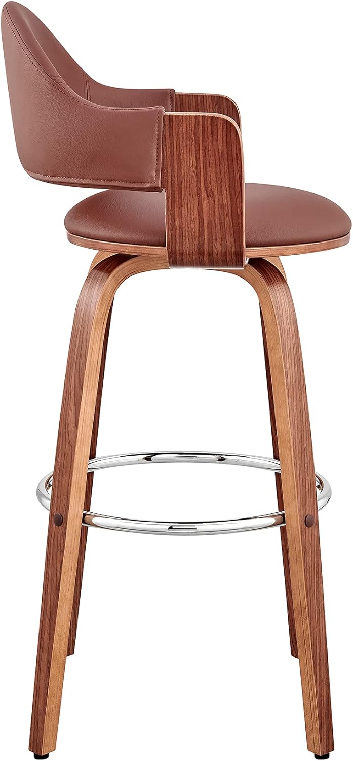 Armen Living Daxton Mid Century Modern Swivel Bar Stool for Kitchen Island Counter in Brown Faux Leather and Walnut Wood, 26" Seat Height