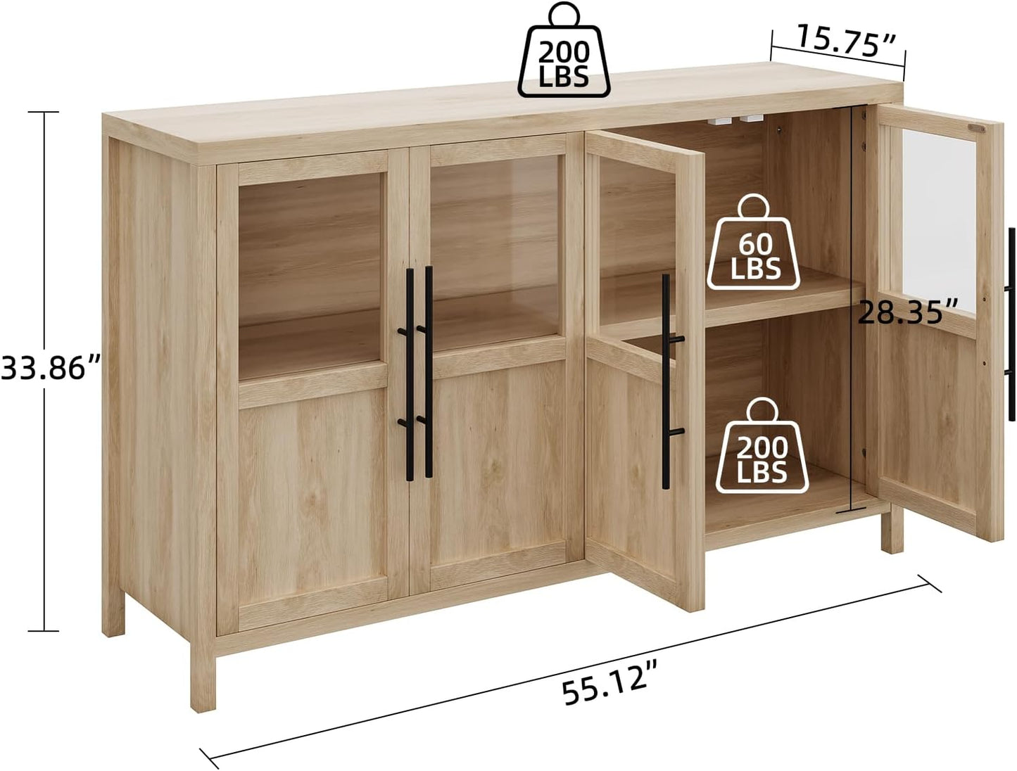 GarveeHome Sideboard Buffet Cabinet with 4 Glass Doors, 55" Buffet Table Coffee Bar Wine Bar Display Cabinet for Kitchen Dining Room, Living Room (Natrual, Glass with 4 Doors)