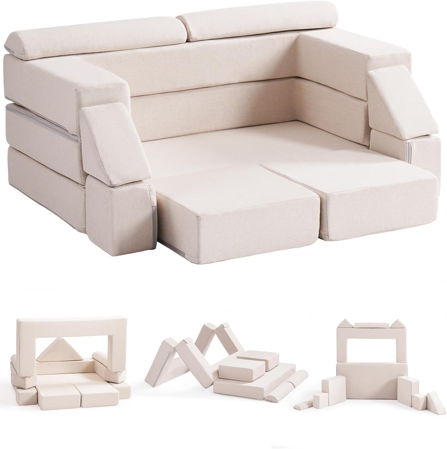 ROBUD Kids Couch, Beige Modular Kids Play Couch, DIY-Style & Washable Toddler Sofa for Playroom, Bedroom, Nursery, WG411