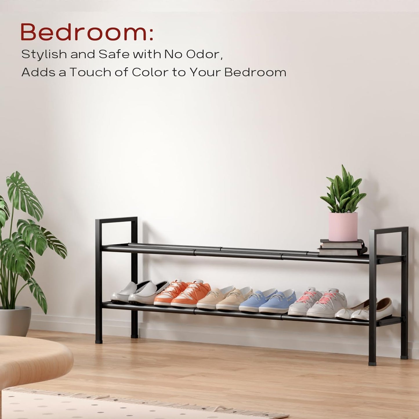 Bumusty 2-Tier Long Expandable Shoe Rack for Closet, 18"-44" Adjustable Shoe Rack for Entryway, 10-12 Pairs Large Shoe Organizer Shelf Storage, Sturdy Metal, Black