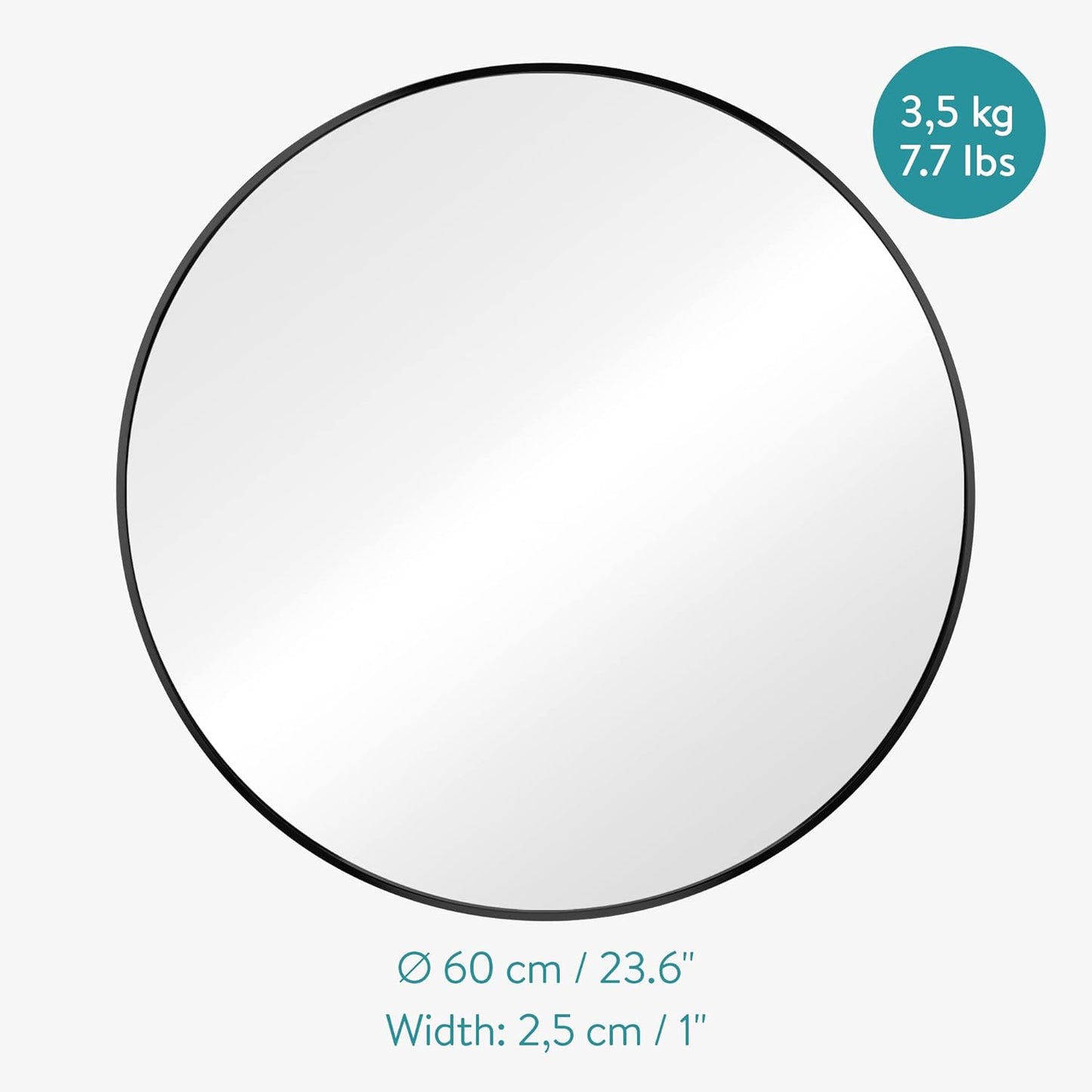 Navaris Round Mirror - 60 cm (24 inches) - Large Circle Wall Mirror for Bathroom Bed Room or Living Room - Sleek Aluminum Backed Frame - Black