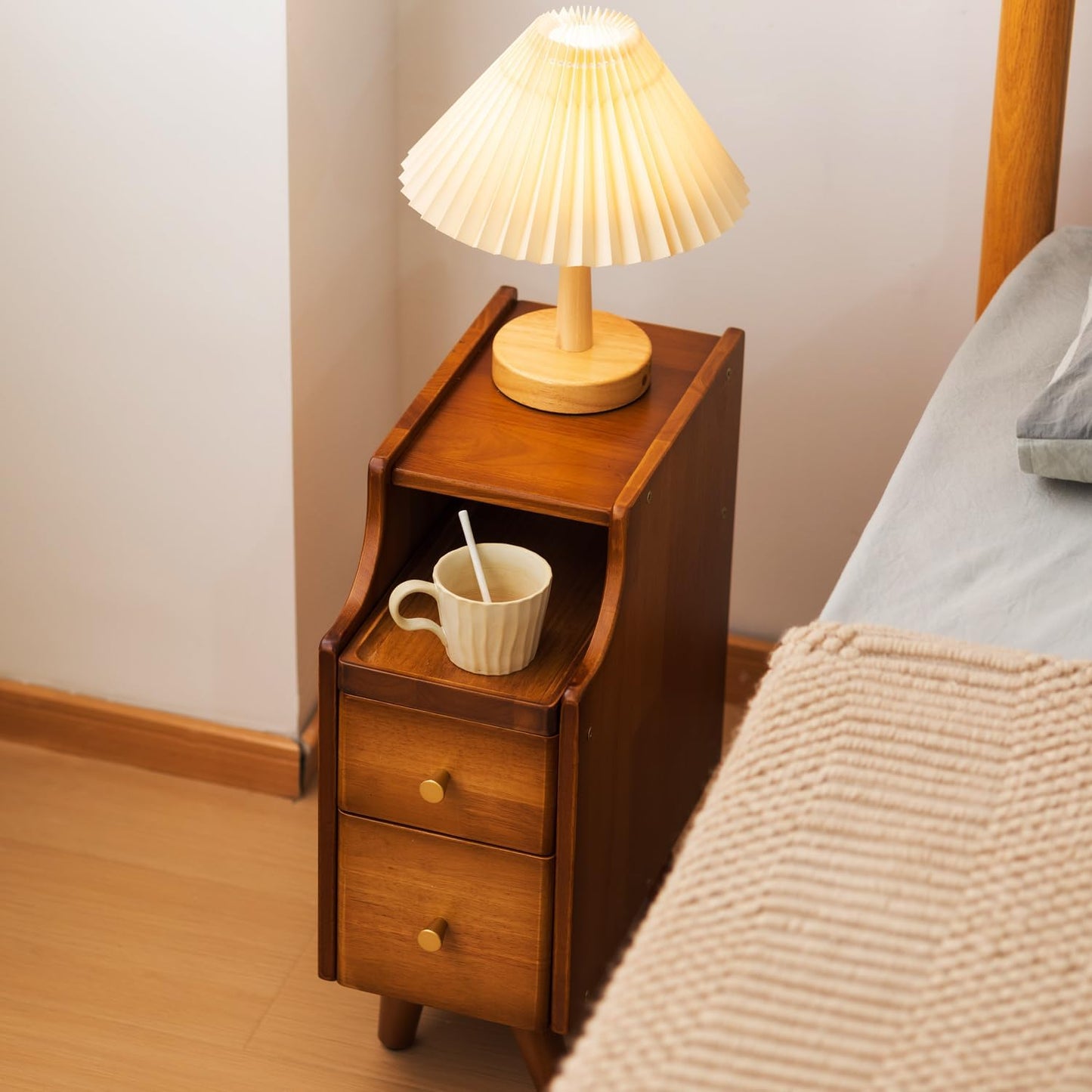 Small Nightstand, Narrow Nightstand, Solid Slim Wood Night Stand for Small Spaces, Couch, Walnut Color 7.87in Wide