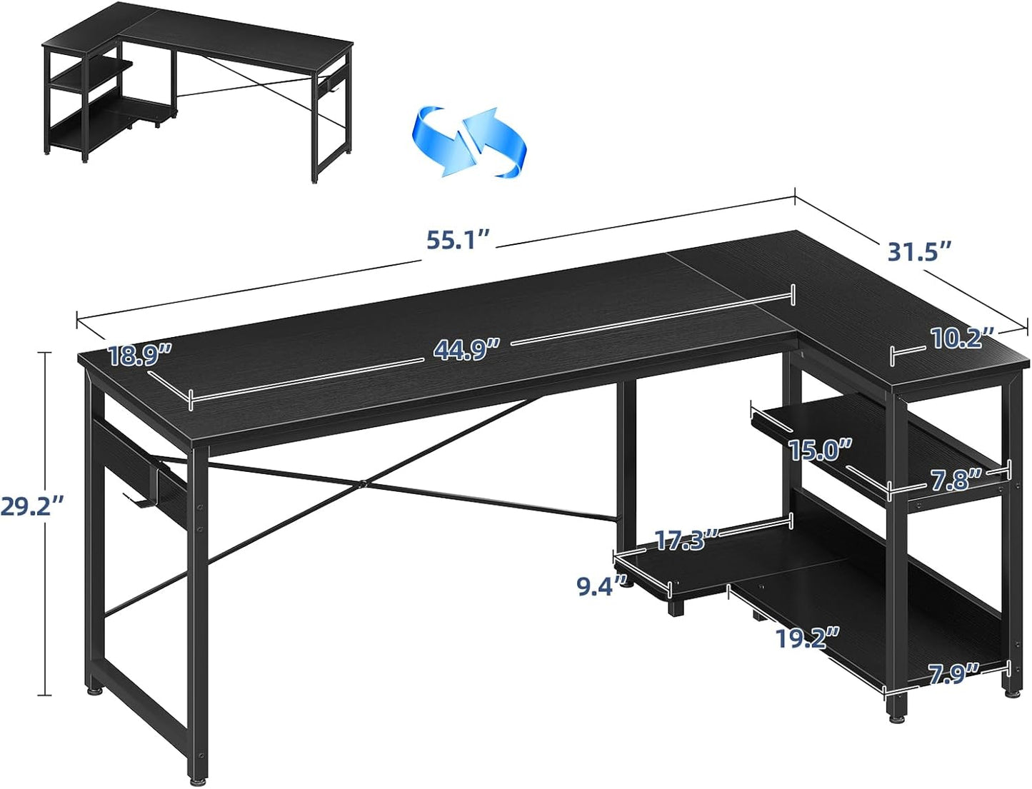 Casaottima L Shaped Computer Desk, 55 Inch Small Corner Desk with Storage Shelves & PC Stand, Reversible Gaming Desk for Bedroom, Modern Writing Study Table for Home Office, Black