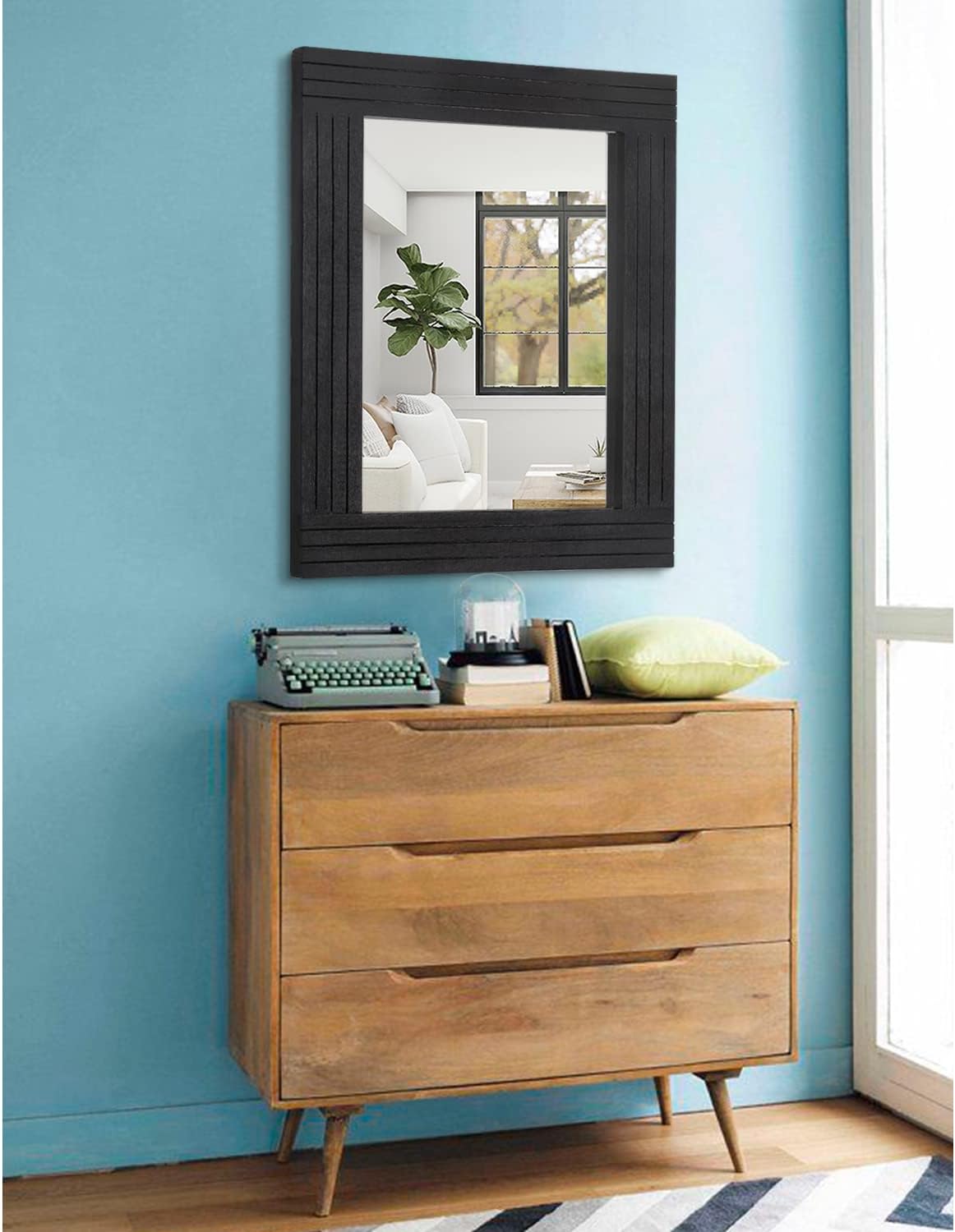 Black Vintage Rustic Wood Framed Wall Mirror Farmhouse Rectanglular Antique Decor Hanging Mirror for Bathroom Bedroom Living Room Entryway Large 20"x16"