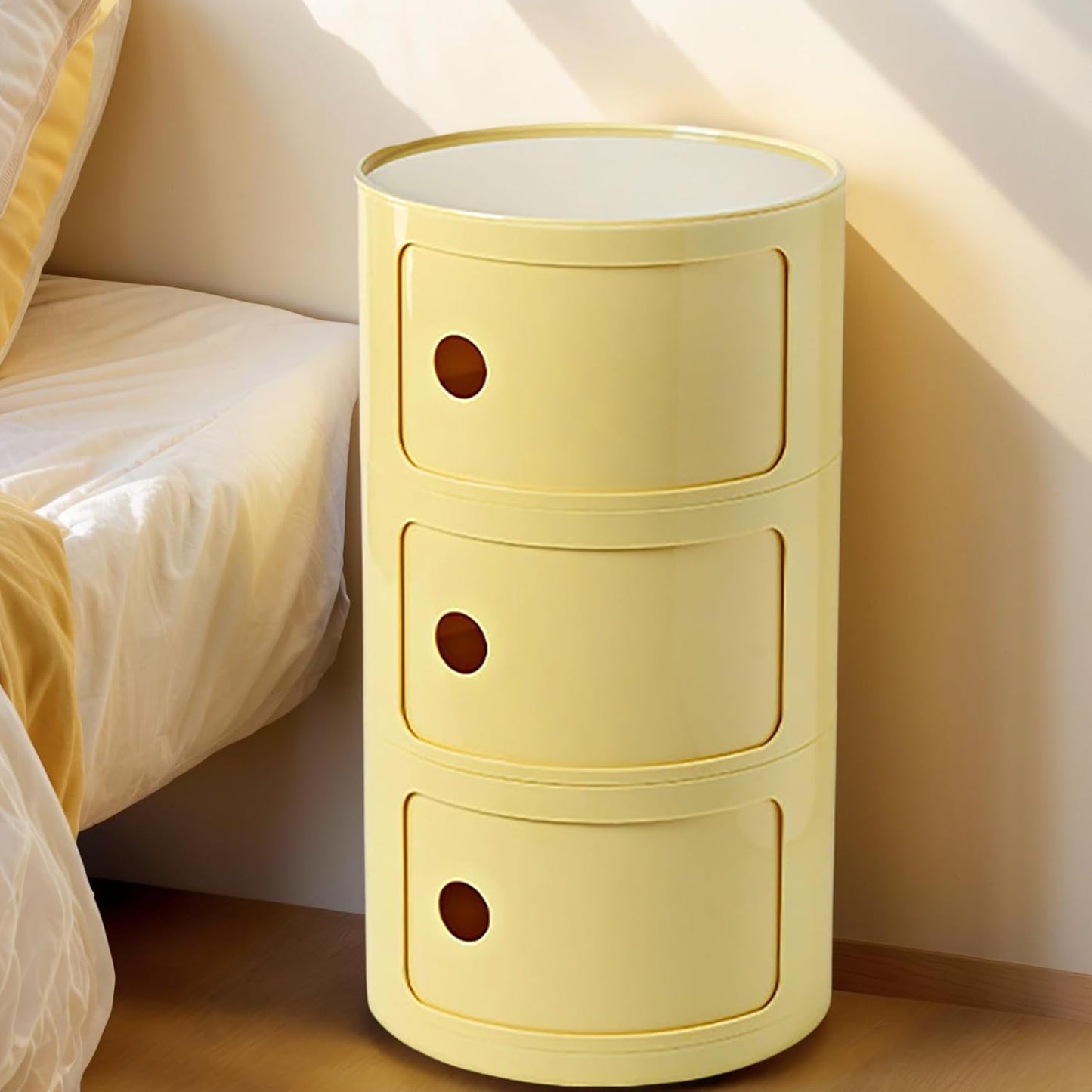 3 Tier Round Nightstand with Drawers, Light Yellow Round Side Table Small Plastic Storage End Table Suitable for Bedroom, Living Room, Bathroom (Light Yellow)