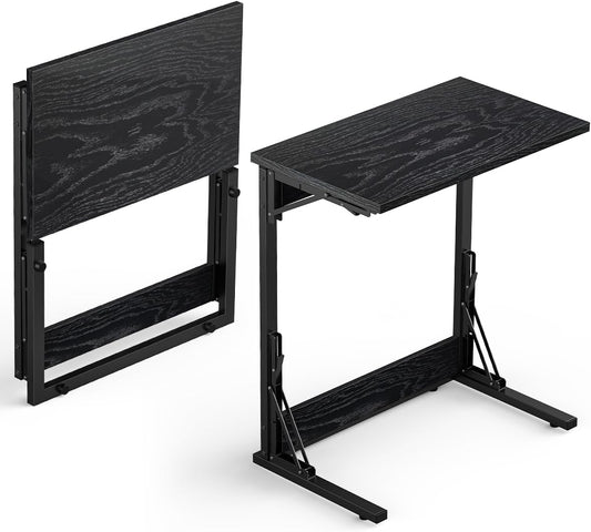 Tatub Folding TV Tray Table Set of 2, 24" Wide C-Shaped End Table for Couches, Small Sofa-Side Laptop Desk with Metal Frame for Living Room, Bedroom, Dark Black