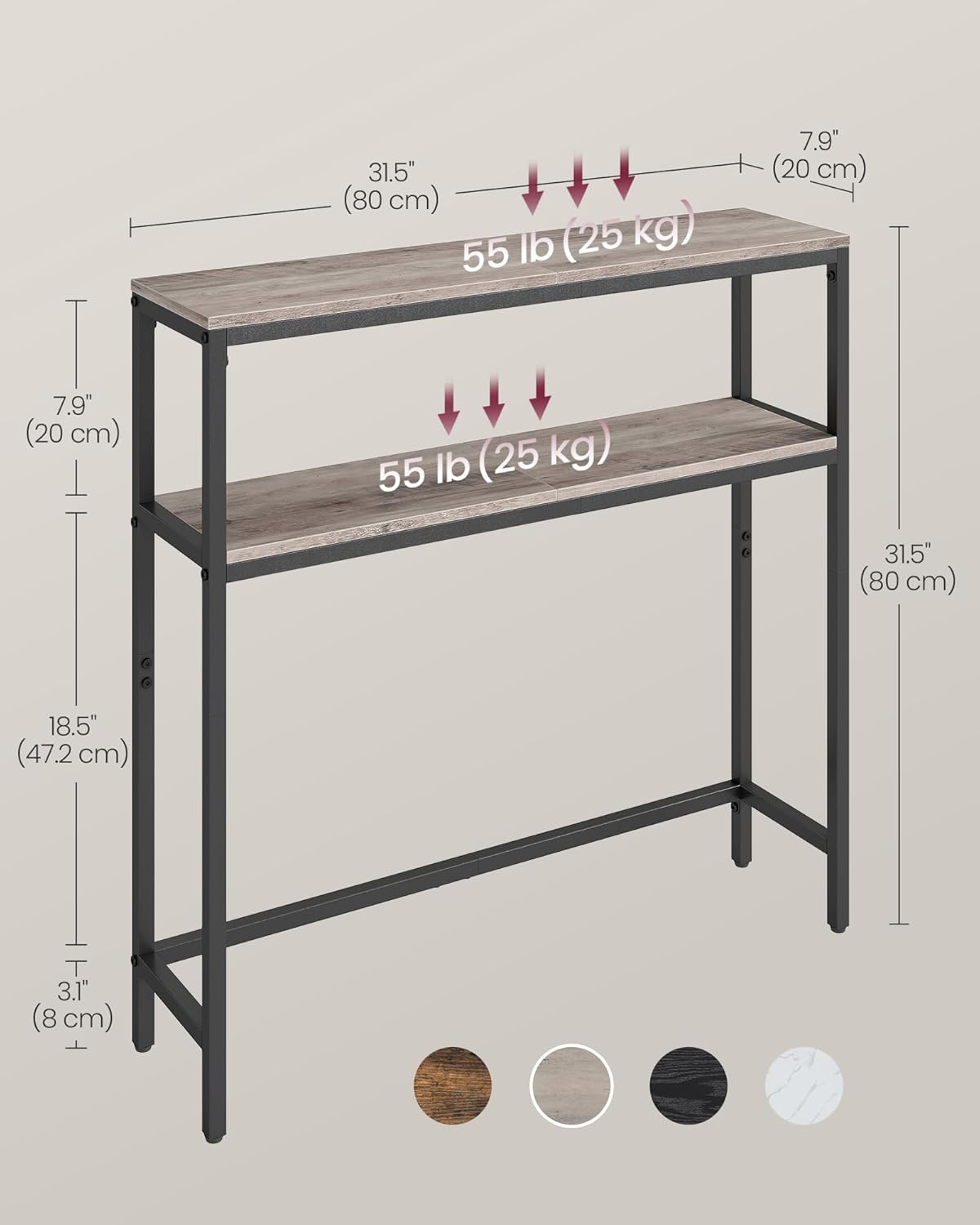 VASAGLE Console Table, 2-Tier Narrow Sofa Table with 2 Shelves, 7.9 x 31.5 x 31.5 Inches, for Living Room, Hallway, Entryway, Heather Greige and Ink Black ULNT130K02V1