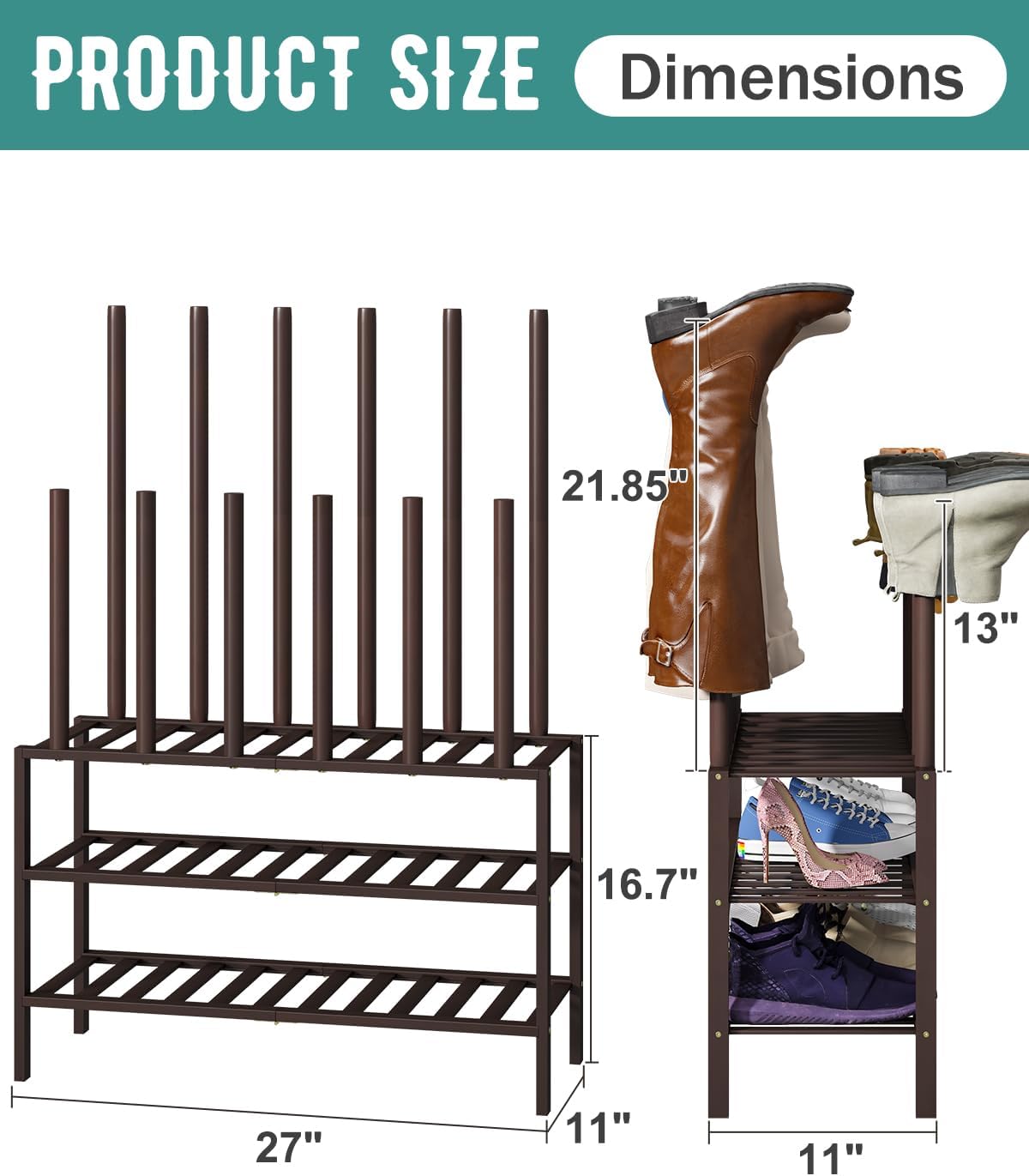 Boot Rack, Brown Boot Rack Organizer Tall Boots with Shoe Rack for Closet, Bamboo Wood Shoe Shelf Storage Organizer for Entryway Space