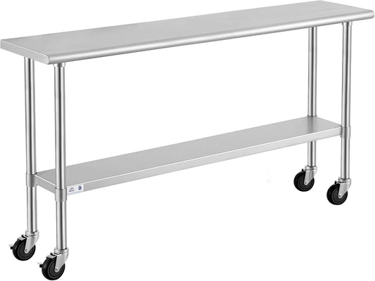 ROCKPOINT Stainless Steel Table for Prep & Work with Caster Wheels 14x72 Inches, NSF Metal Commercial Kitchen Heavy Duty Table with Adjustable Under Shelf and Table Foot for Restaurant, Home and Hotel