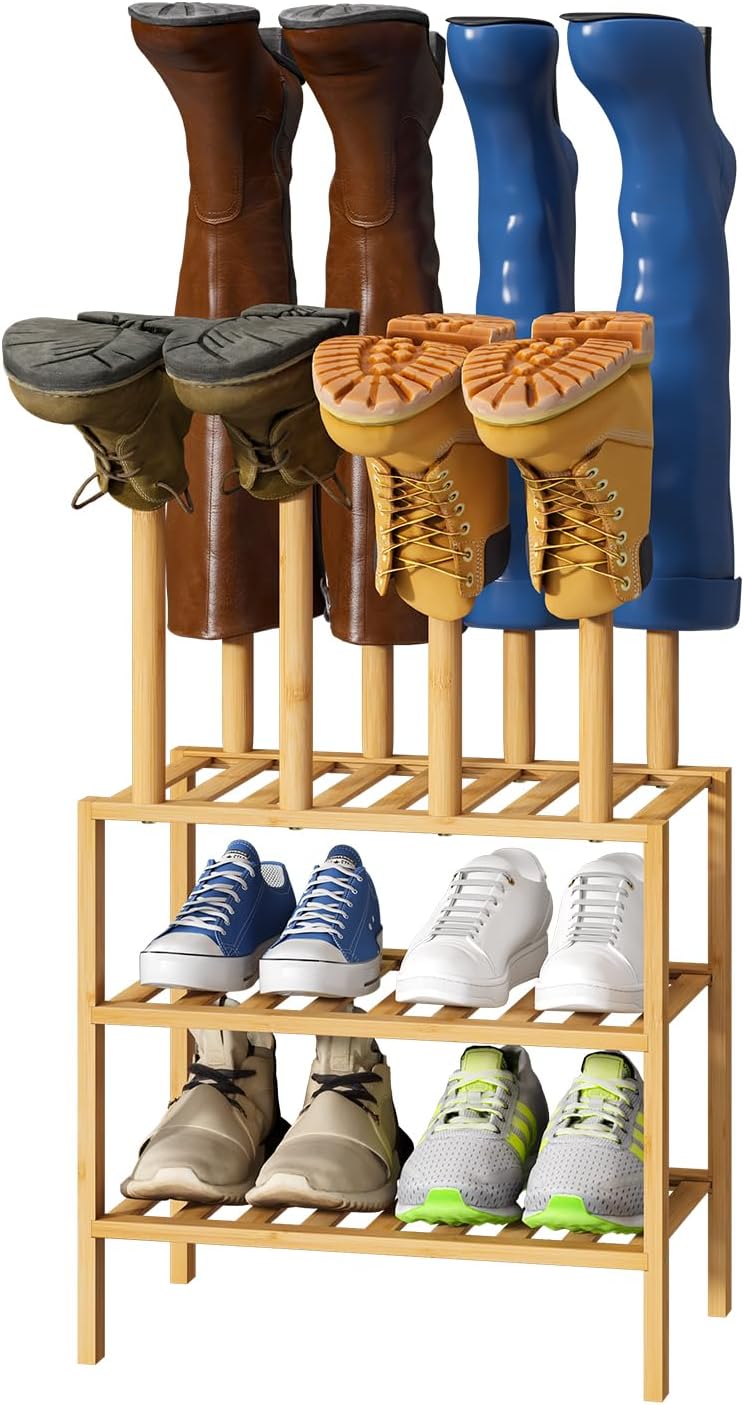 Small Boot Rack with Shoe Rack, Boot Rack Organizer Tall Boots for Closet, Bamboo Wood Shoe Shelf Storage Organizer for Entryway Small Space
