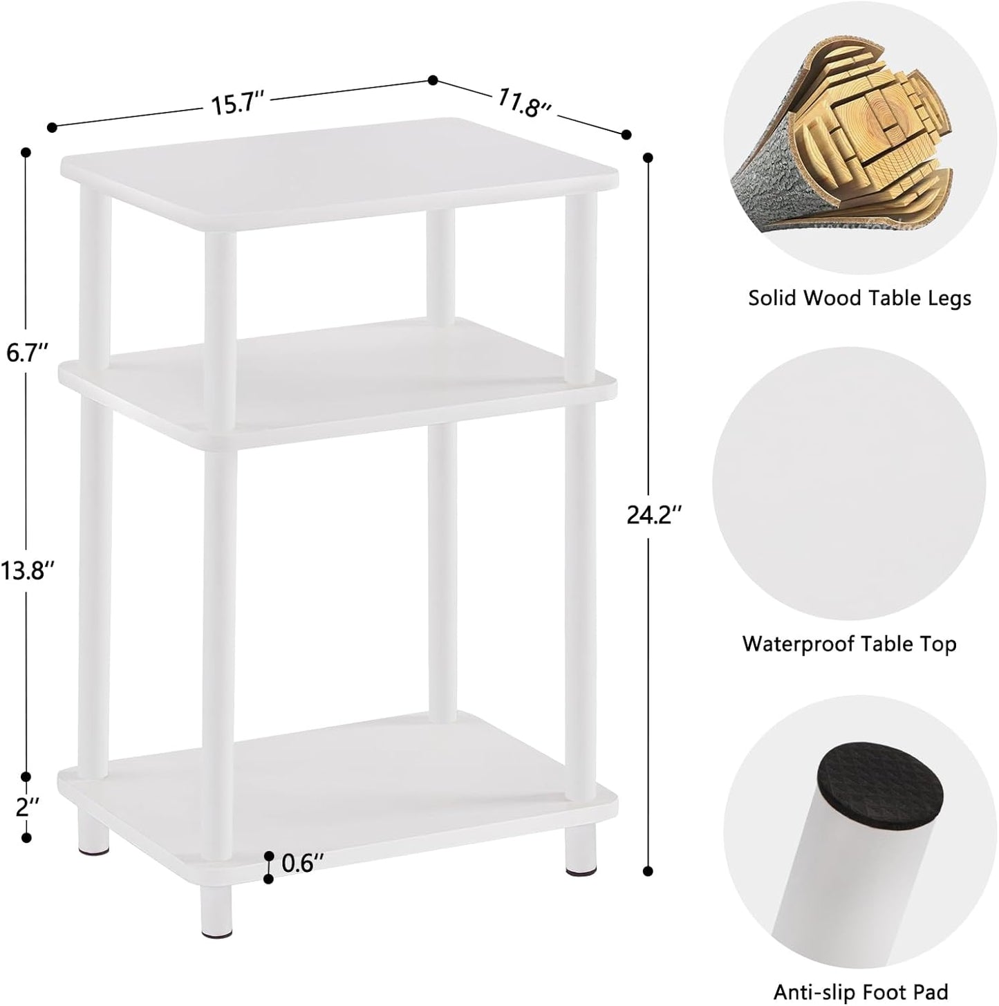 Apicizon 3 Tier End Table, Side Table with Storage Shelf, Small Wooden Table, Nightstand Bedside Table for Small Spaces, Bedroom, Living Room, Easy Assembly, White