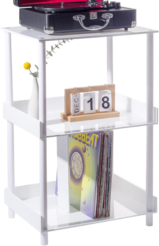 Antilope 18x14 White Acrylic Record Player Stand with Vinyl Storage, 3 Tiers Turntable Stand Holder Up to 200 Albums, Large Record Player Table Cabinet Organizer for Living Room Bedroom Corner