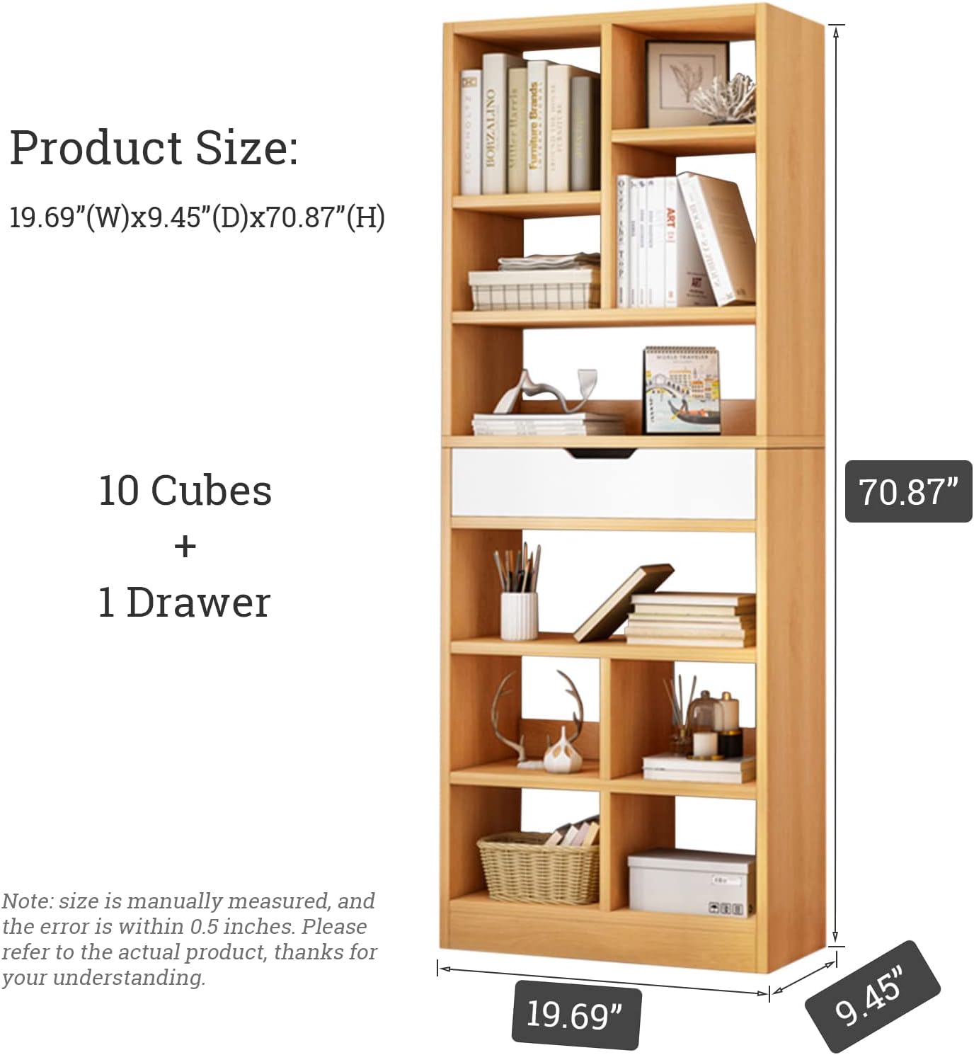 IOTXY Wooden Open Shelf Bookcase - 71 Inches Tall Freestanding Display Storage Cabinet Organizer with 10 Cubes and a Drawer, Floor Standing Bookshelf in Maple Yellow