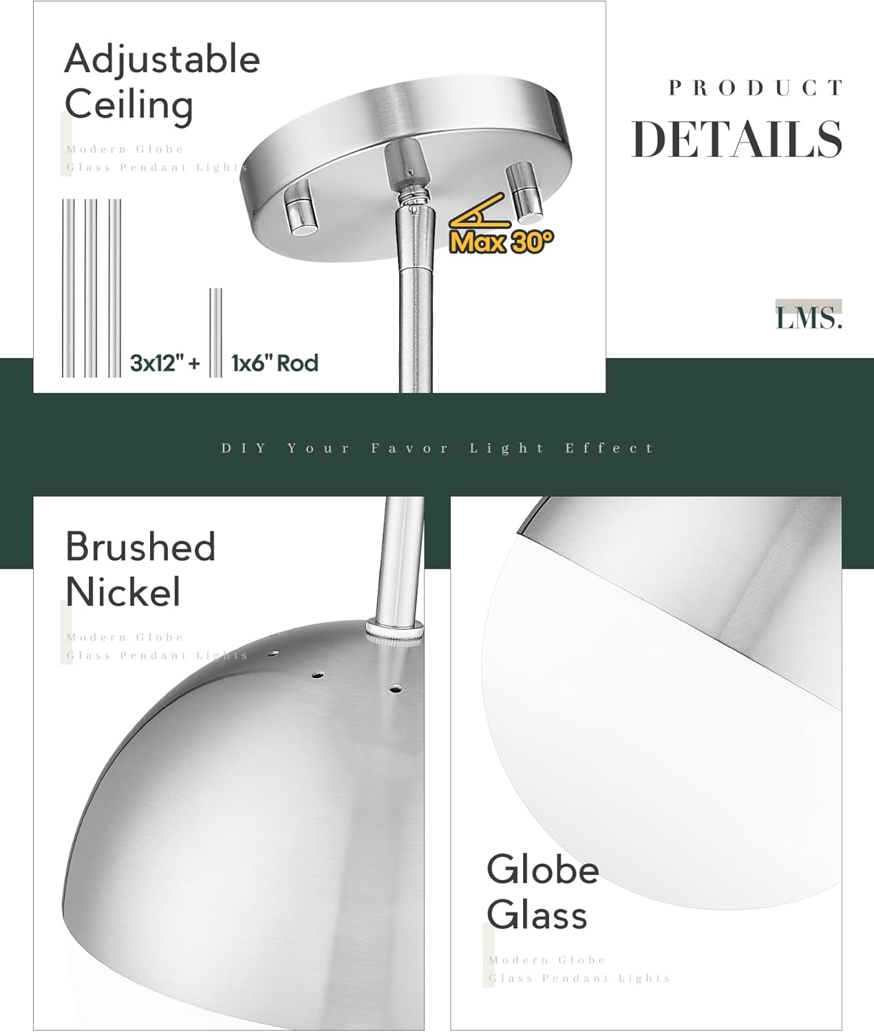 LMS 2 Pack Modern Pendant Lights, Mid Century Brushed Nickel Kitchen Lighting with White Globe Glass Shade, Adjustable Hanging Light Fixtures Ceiling Light for Home Office Dining Room, LMS-186BN2PK