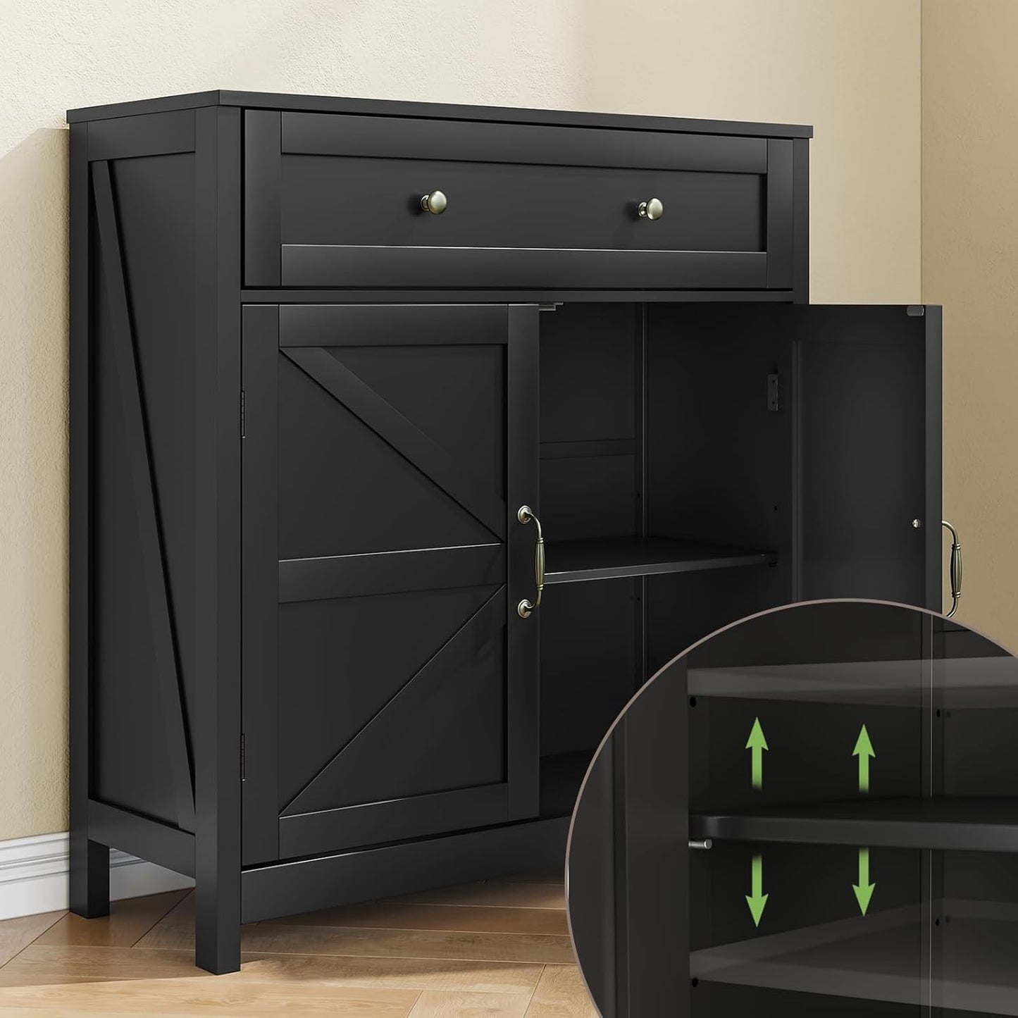 Buffet Sideboard with 2 Barn Doors,Black Kitchen Cabinet with Adjustable Shelf, Freestanding Floor Storage Cabinet