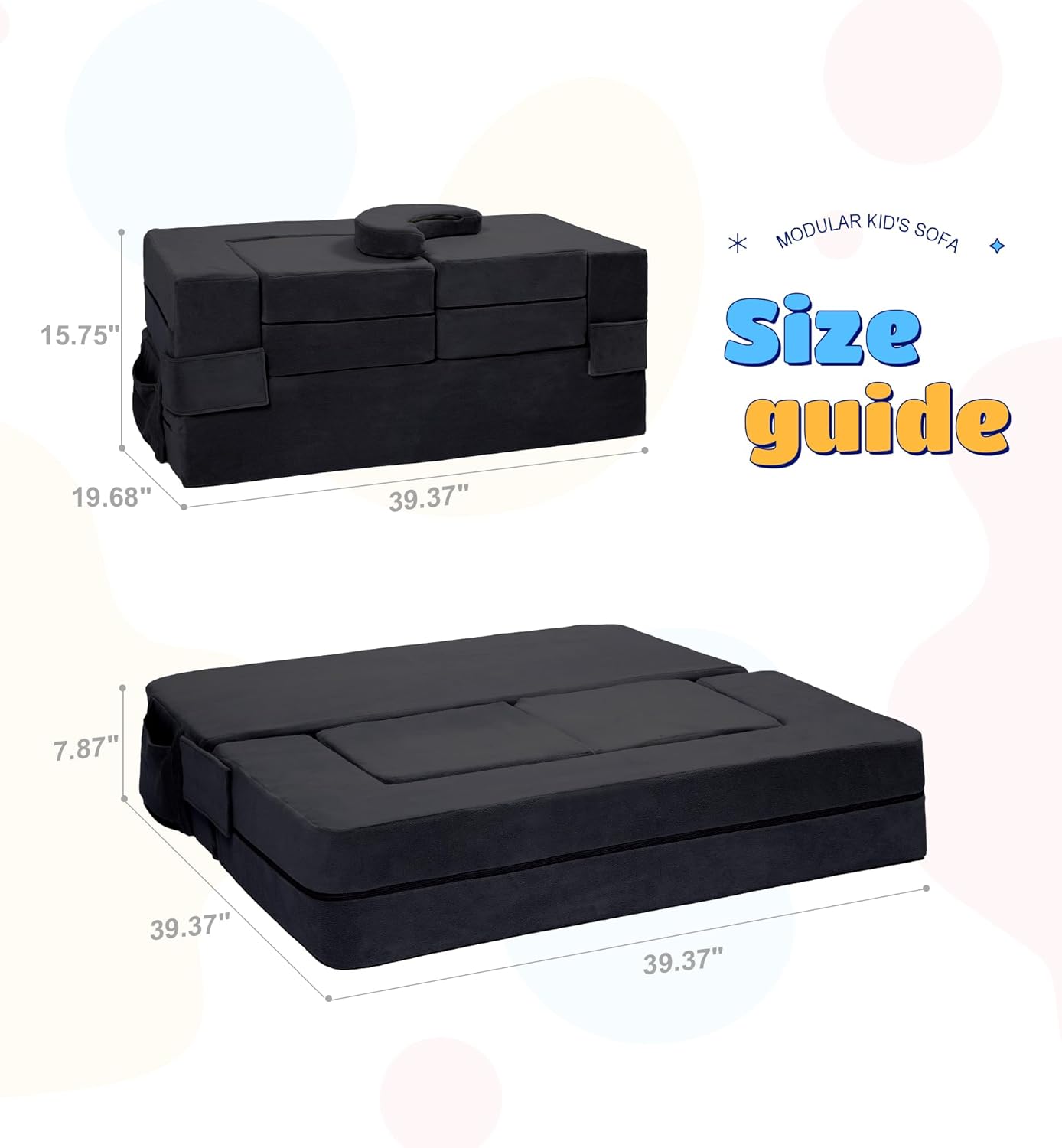 Modular Kids Sofa,Toddler Couch Foam Armchair for Kids, Children Convertible Plush Sofa Play Set,Fold Out SofaBed(Black)