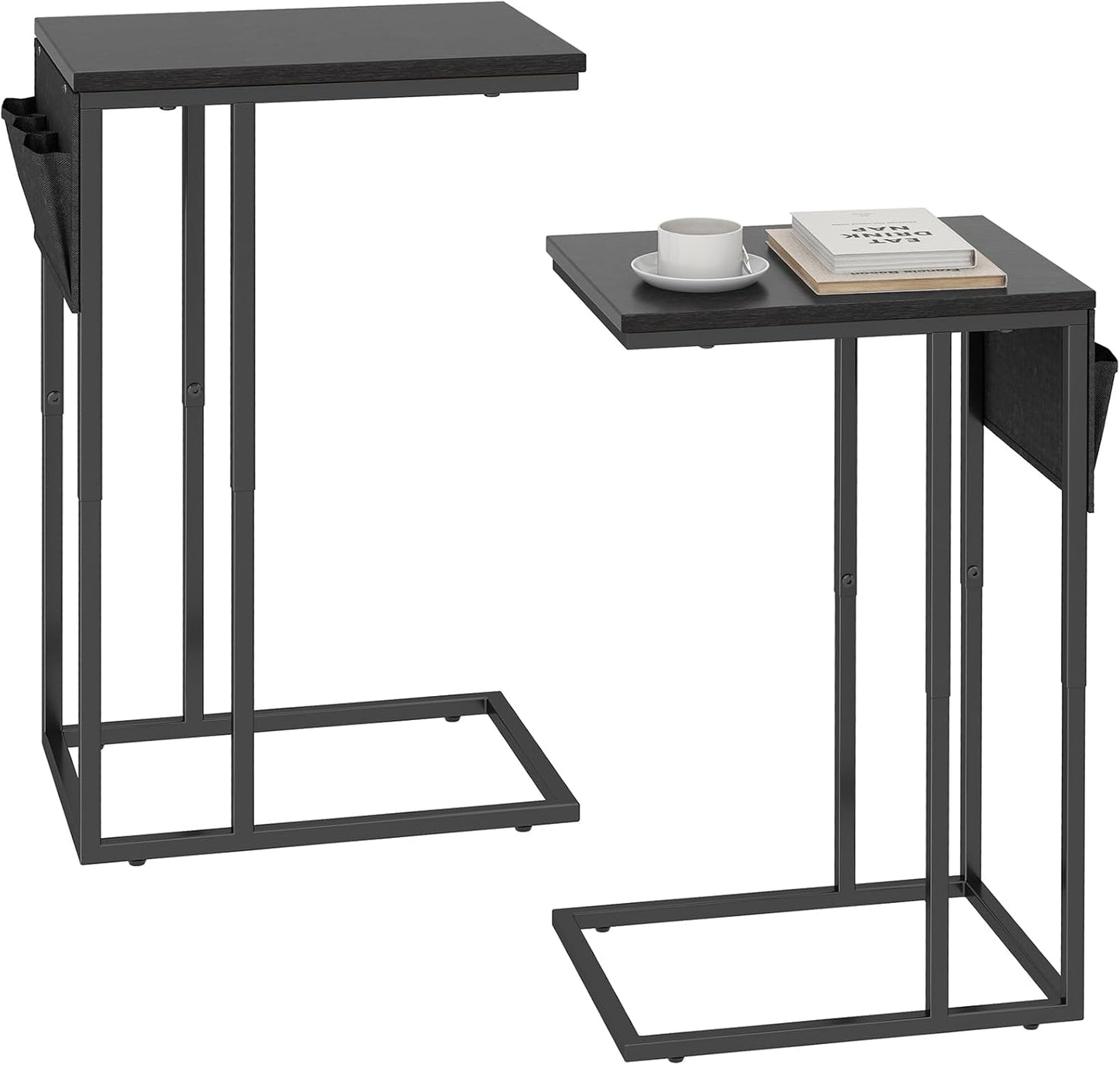 C Shaped End Table Set of 2, Side Table for Living Room, Couch Tables That Slide Under, TV Tray Snack Table for Sofa, Black